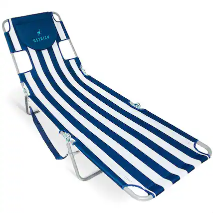 Front. Ostrich - Ostrich Chaise Lounge, Facedown Beach Camping Pool Tanning Chair, Blue Stripe - Blue and White Striped.