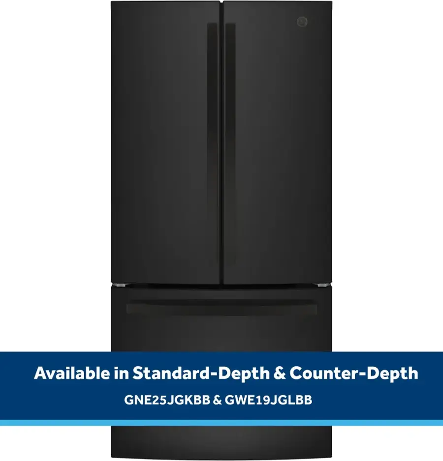 The text on the image reads "Available in Standard-Depth & Counter-Depth GNE25JGKBB & GWE19JGLBB."