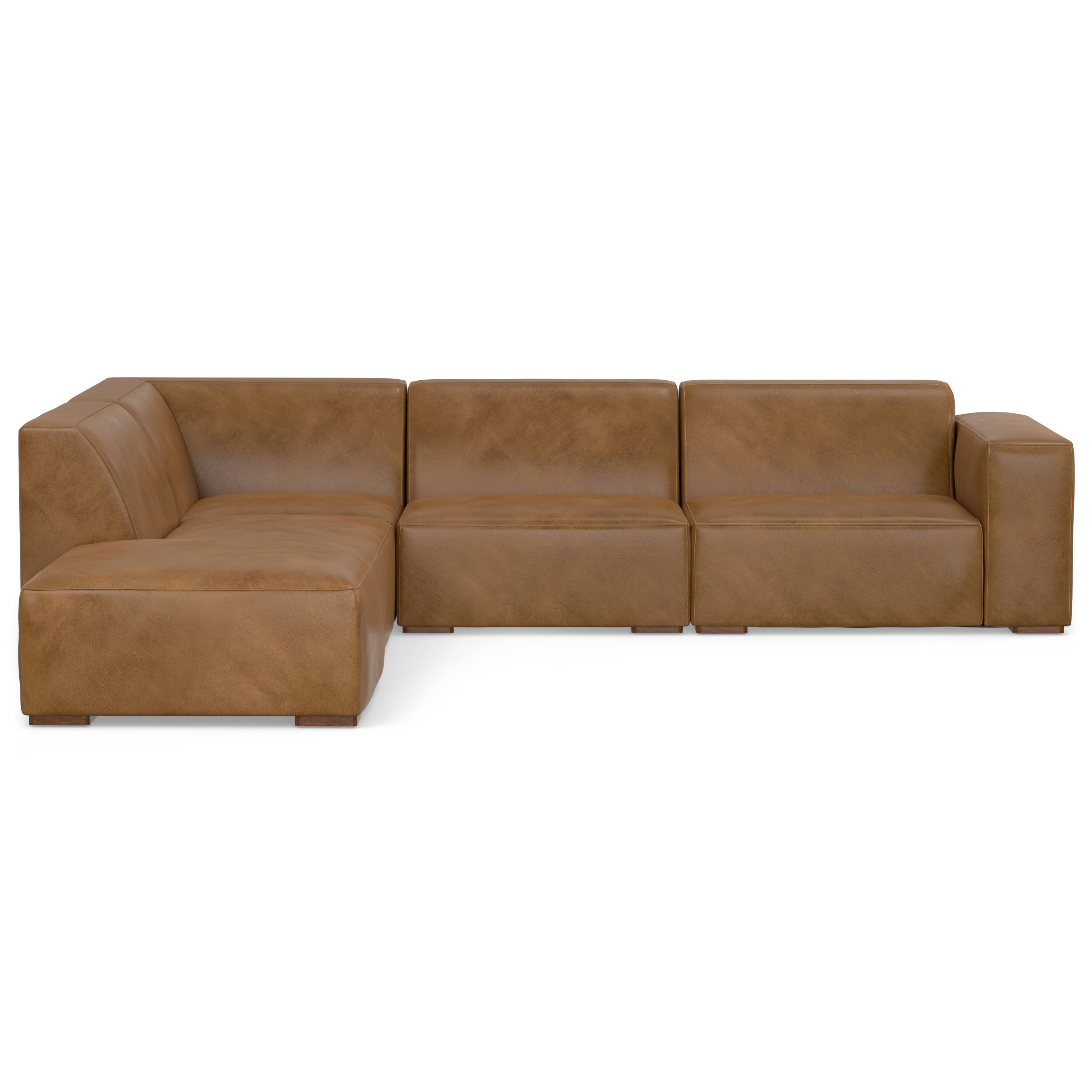 Left. Simpli Home - Rex Left Corner Sectional Modular Sofa with Ottoman in Genuine Leather - Caramel Brown.