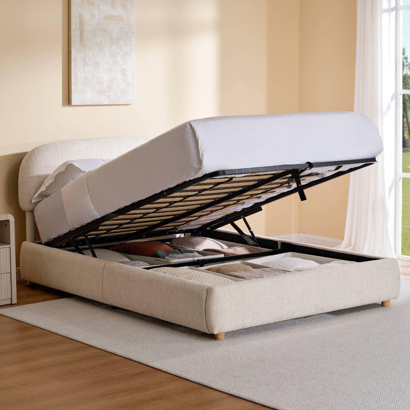 Left. ModernMate - Upholstered Platform Bed with Adjustable Headboard, Hydraulic Lift Storage Bed - Begie.