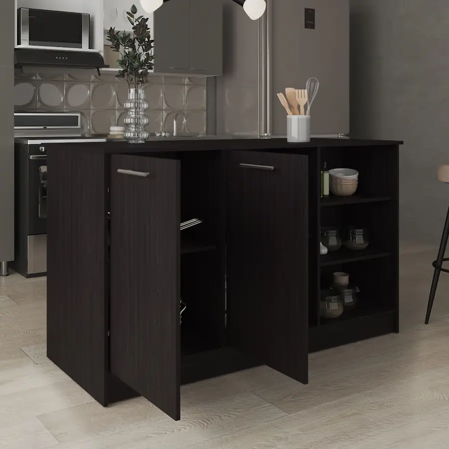 Cleanrage Area Loheer Kitchen Island with Cabinets Three Open Shelves and Seating ...