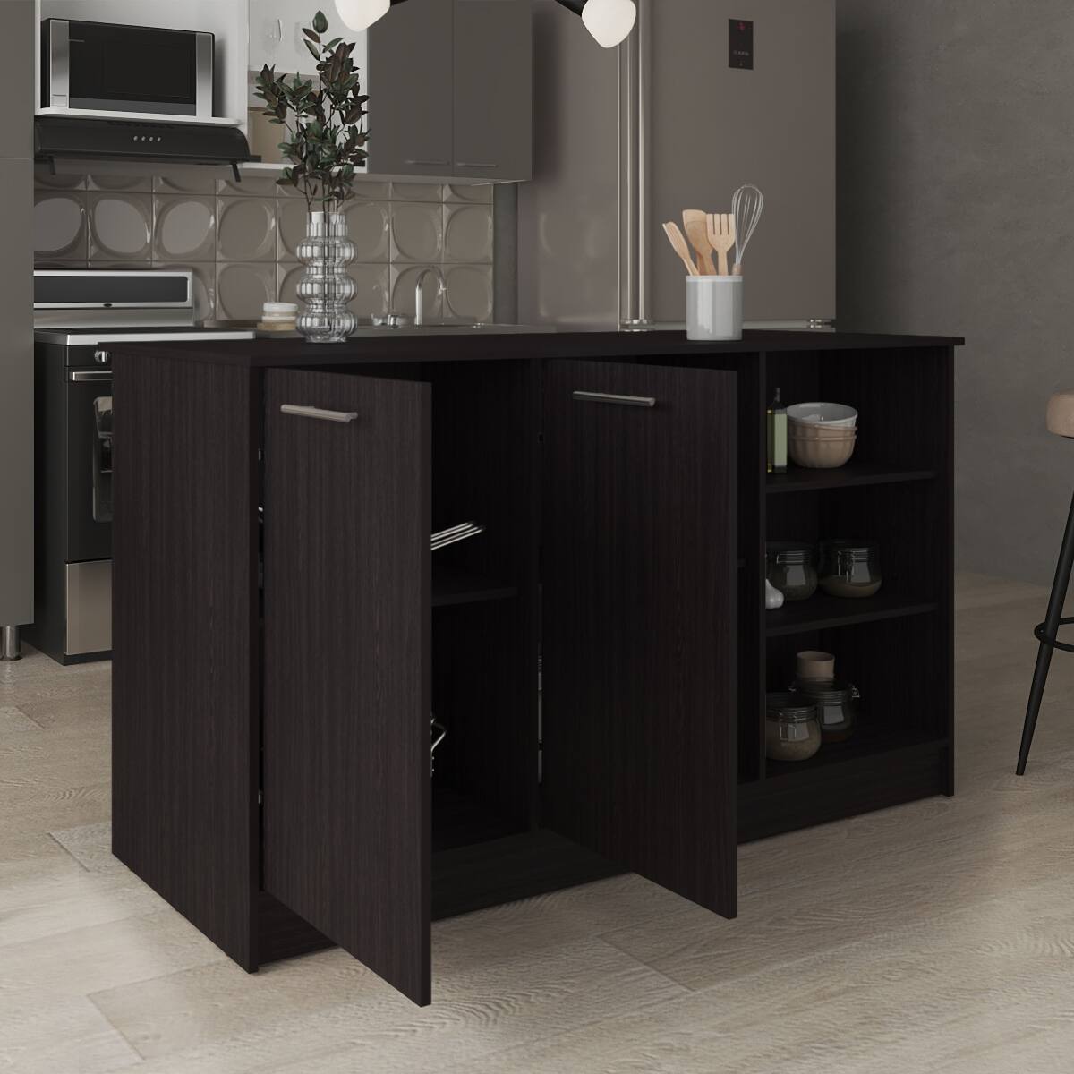 Loheer Kitchen Island with Cabinets Three Open Shelves and Seating ...