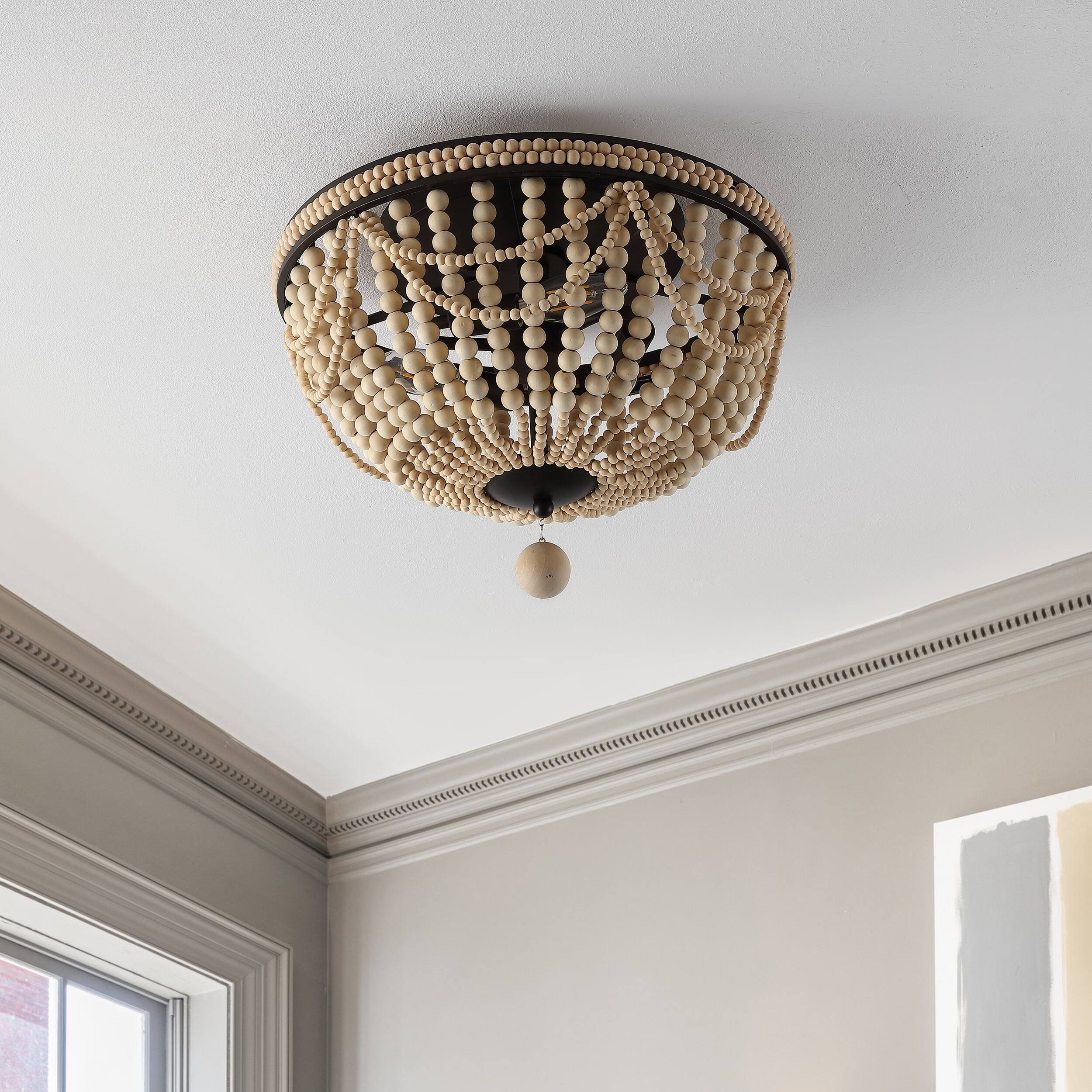 Alt View 4. Jonathan Y - Dune Wood Bead 15.25" 3-Light Bohemian Farmhouse Iron LED Semi Flush Mount, Oil Rubbed Bronze/Light Taupe - Oil Rubbed Bronze.