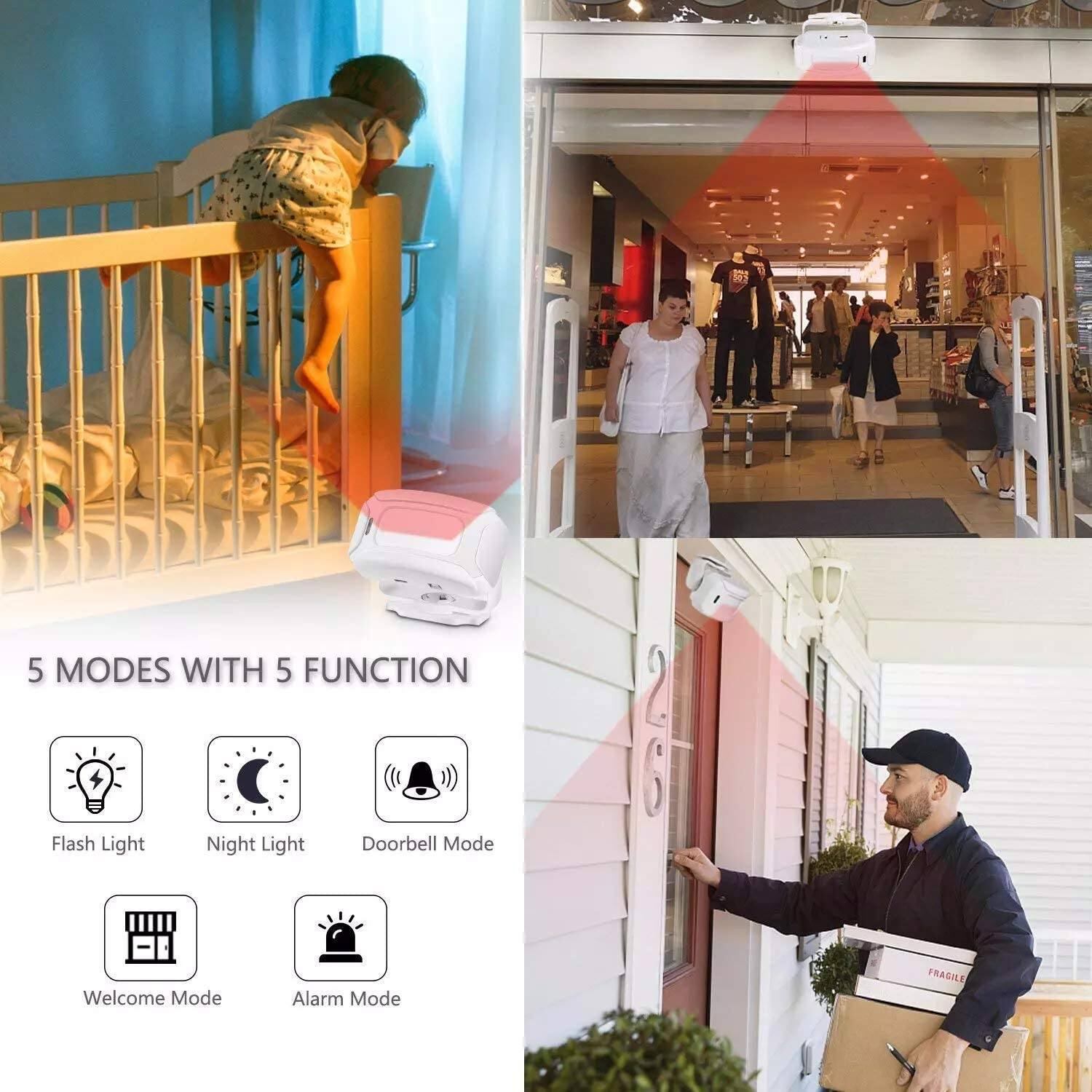 5 MODES WITH 5 FUNCTION

- Flash Light
- Night Light
- Doorbell Mode
- Welcome Mode
- Alarm Mode