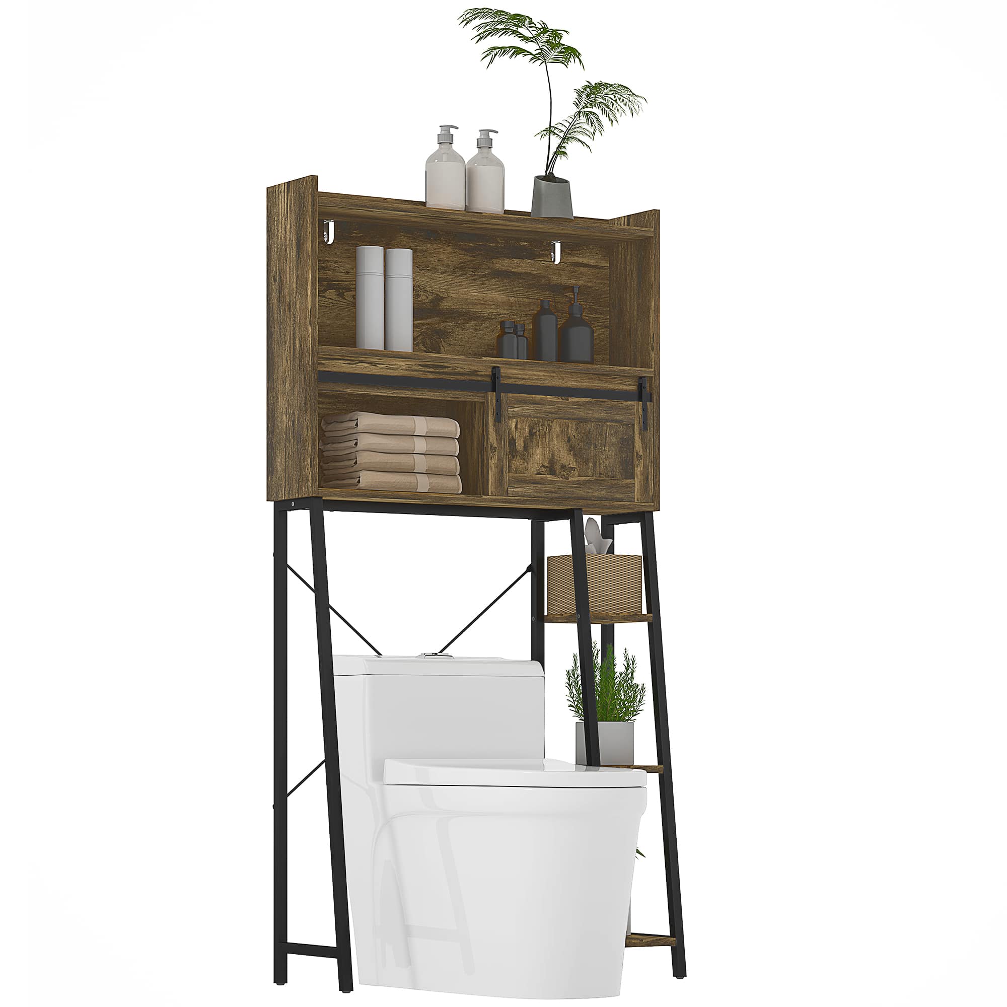 Homcom - Over the Toilet Storage Cabinet, Freestanding Over Toilet Bathroom Organizer with Sliding Door - Rustic Brown