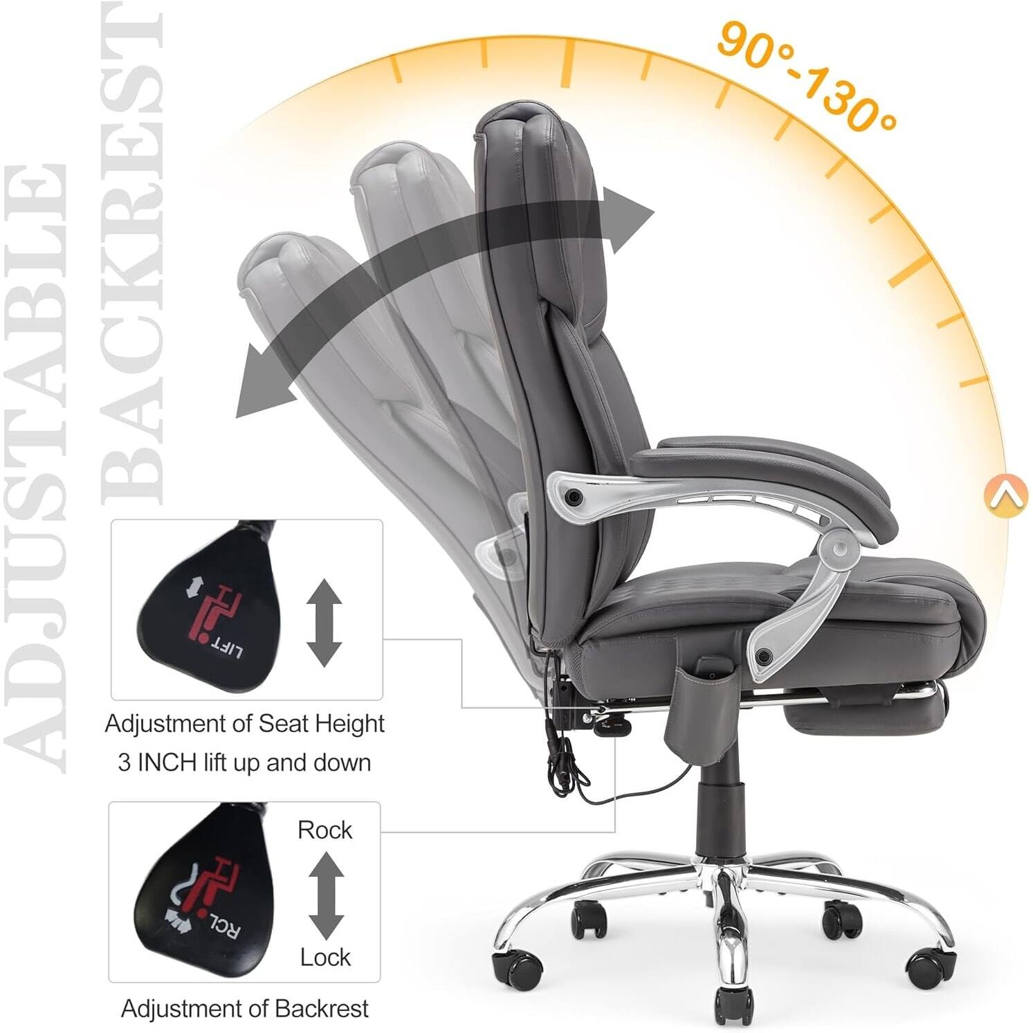 ADJUSTABLE BACKREST

Adjustment of Seat Height  
3 INCH lift up and down

Adjustment of Backrest  
90°-130°

Rock  
Lock