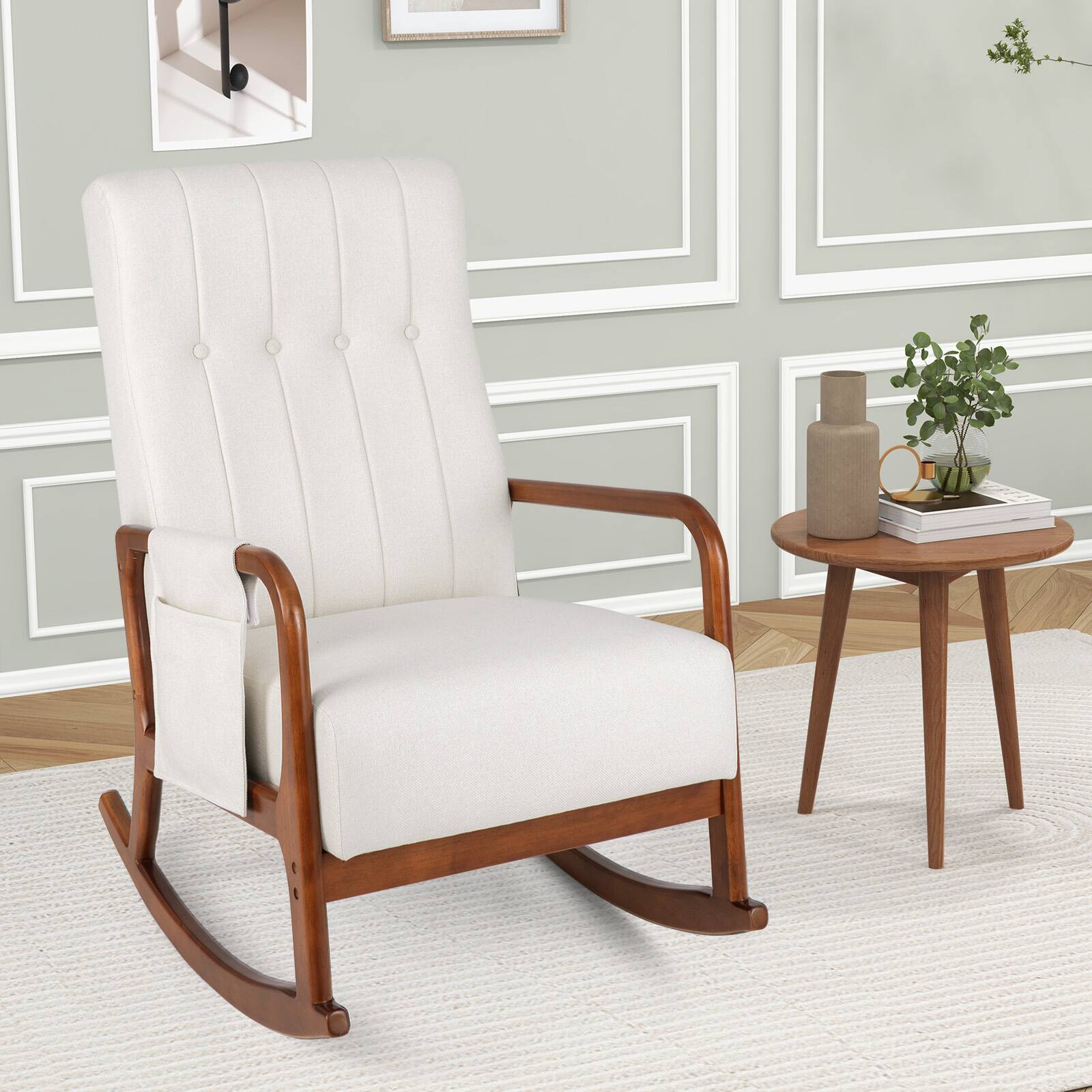 Alt View 1. Ecooso - Rocking Chair with Ottoman and Solid Rubber Wood Frame, Padded Cushion for Comfort - Beige.