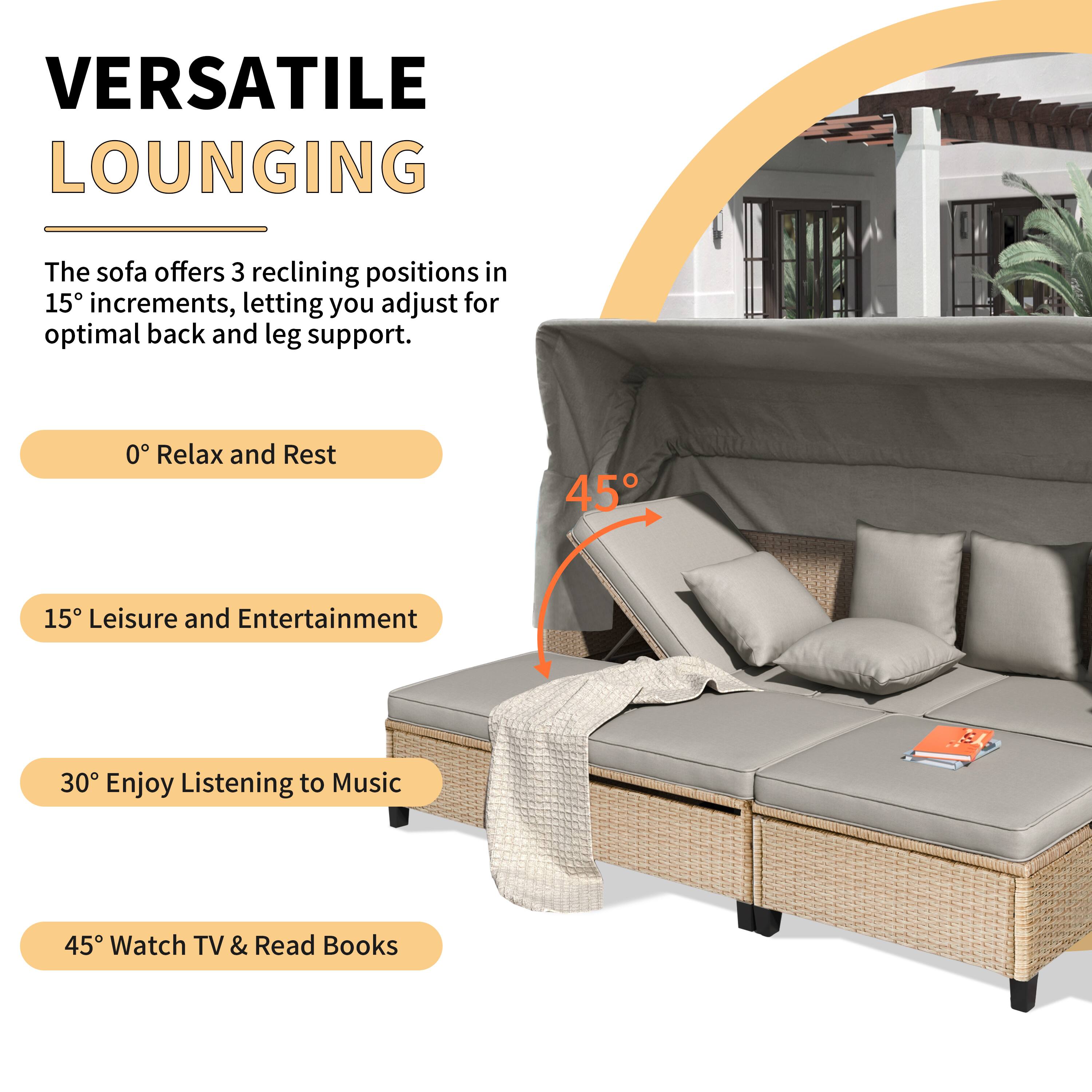 VERSATILE LOUNGING

The sofa offers 3 reclining positions in 15° increments, letting you adjust for optimal back and leg support.

- 0° Relax and Rest
- 15° Leisure and Entertainment
- 30° Enjoy Listening to Music
- 45° Watch TV & Read Books