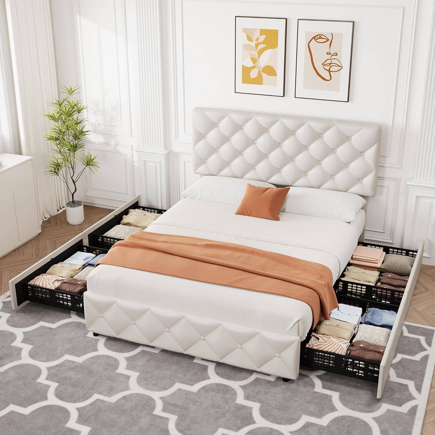 Homhougo Queen Size Upholstered Bed Frame with 4 Storage Drawers ...