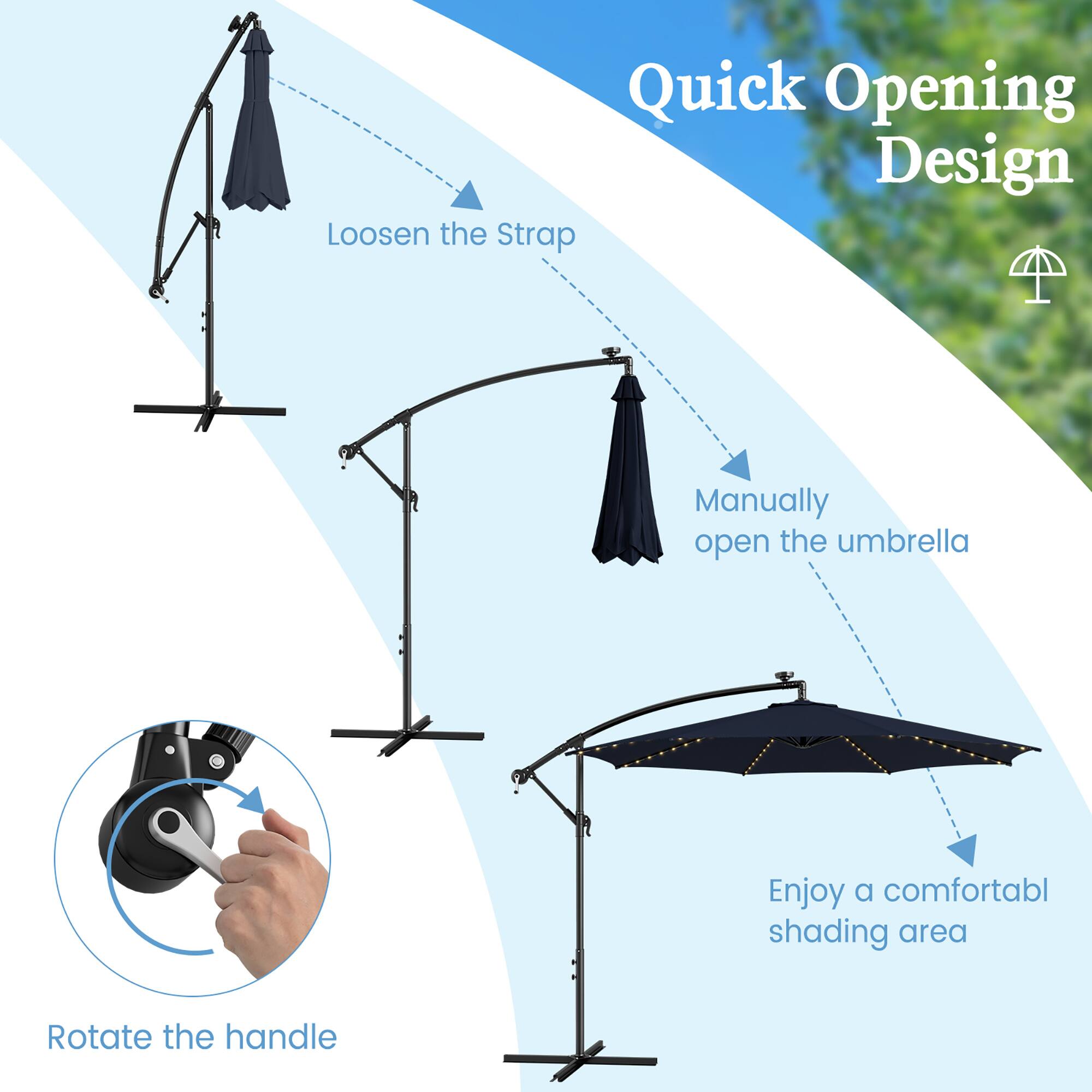 Quick Opening Design

Rotate the handle
Loosen the Strap
Manually open the umbrella
Enjoy a comfortable shading area
