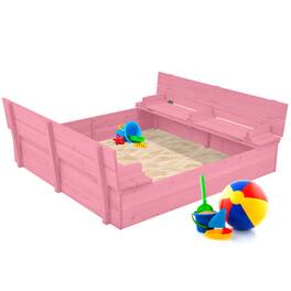 Best Choice Products - Large Outdoor Wooden Sandbox for Kids with Cover and Bench Seats Support up to 220 lbs - Pink