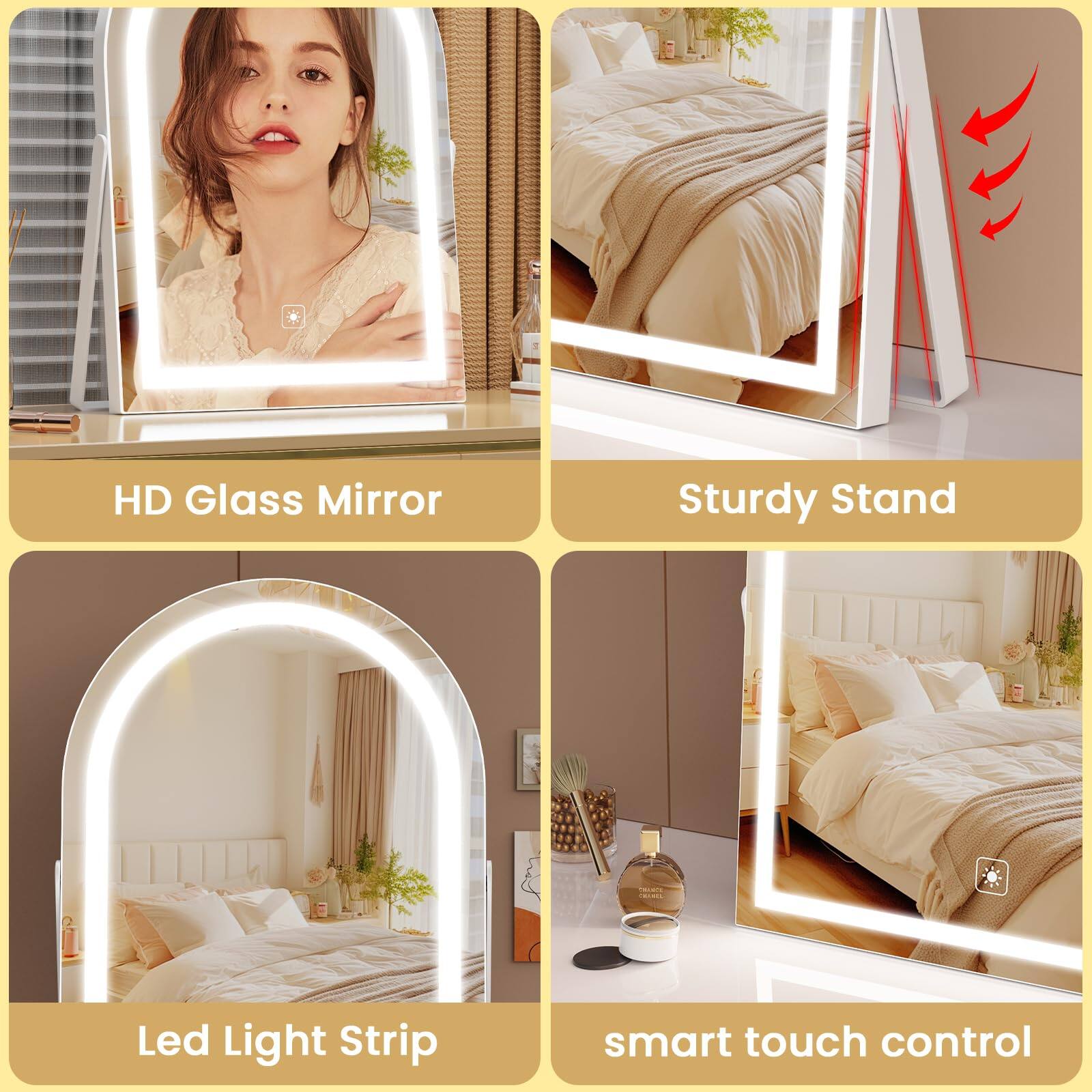 HD Glass Mirror  
Sturdy Stand  
Led Light Strip  
smart touch control