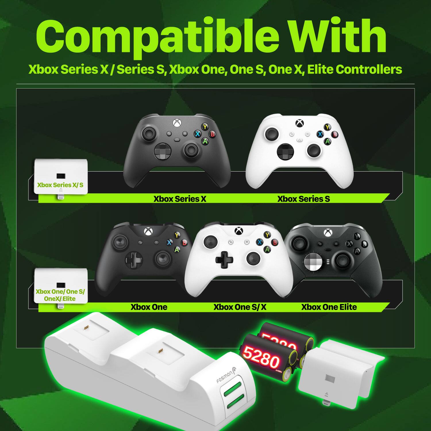 Compatible With Xbox Series X / Series S, Xbox One, One S, One X, Elite Controllers

Xbox Series X / S
Xbox Series X
Xbox Series S
Xbox One/ One S/ OneX/ Elite
Xbox One
Xbox One S/X
Xbox One Elite
5280 Fosmon
