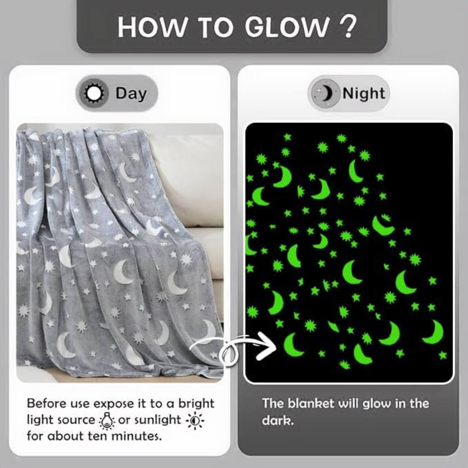 HOW TO GLOW ? Day Night Before use expose it to a bright light source or sunlight for about ten minutes. The blanket will glow in the dark.