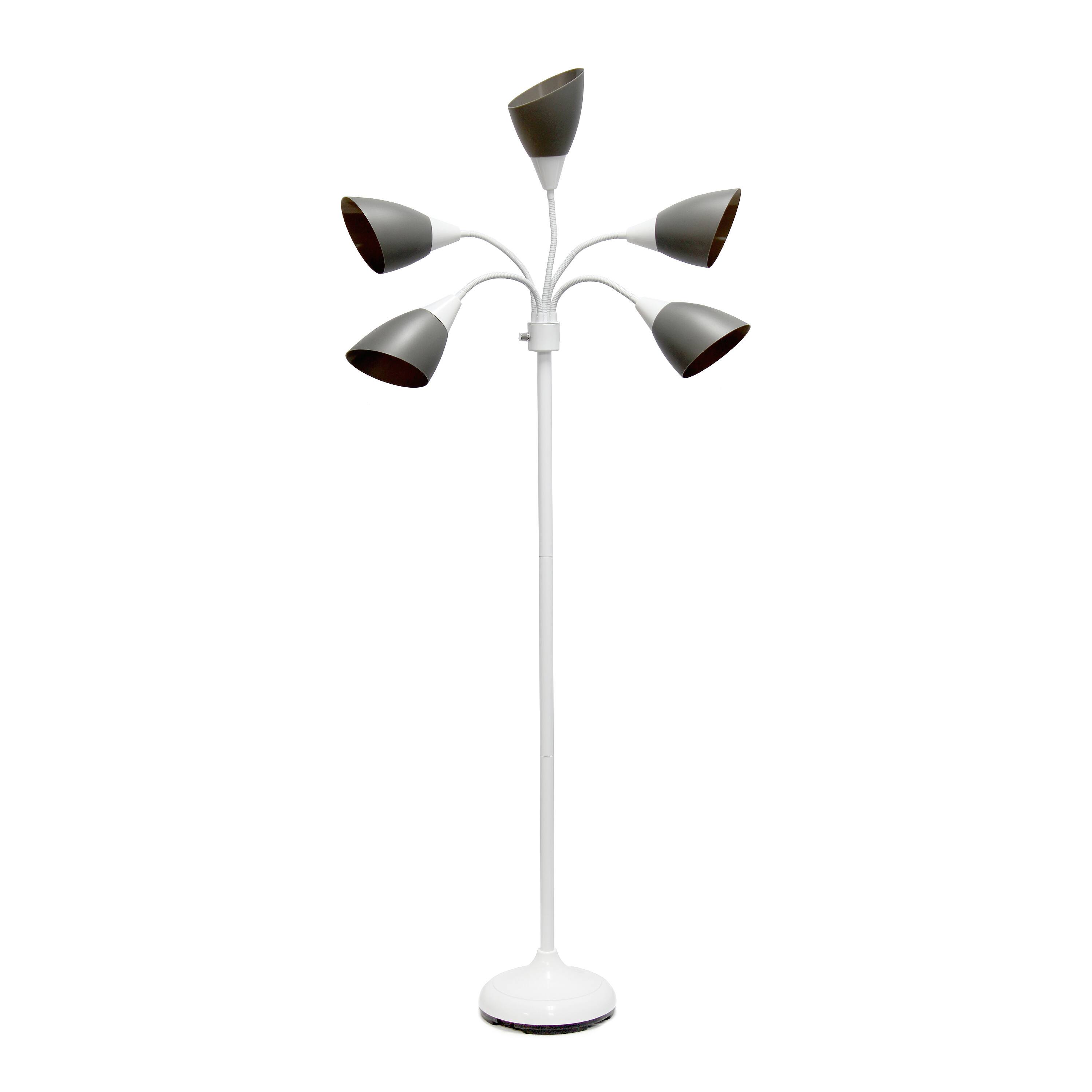 Front. Simple Designs - 5 Light Adjustable Gooseneck Floor Lamp - White/Gray Shades.