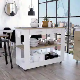 Loheer - 46 inch kitchen island Mobile Kitchen Cart with Wheels Contemporary Engineered Wood - Multicolor