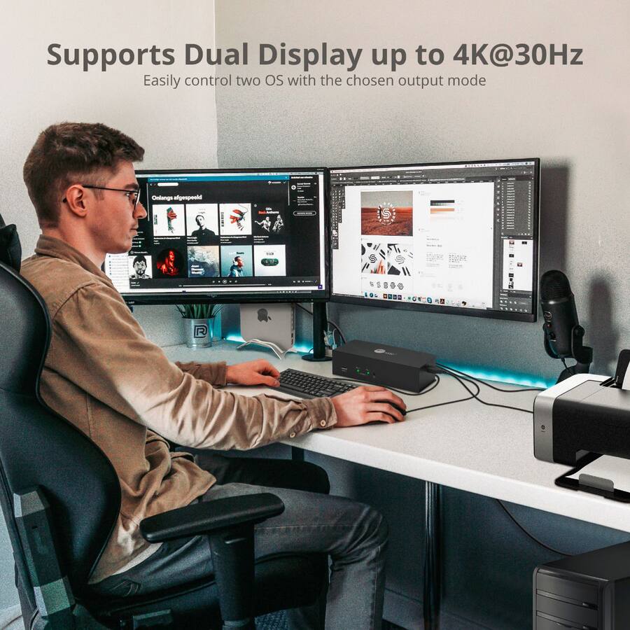 Supports Dual Display up to 4K@30Hz  
Easily control two OS with the chosen output mode
