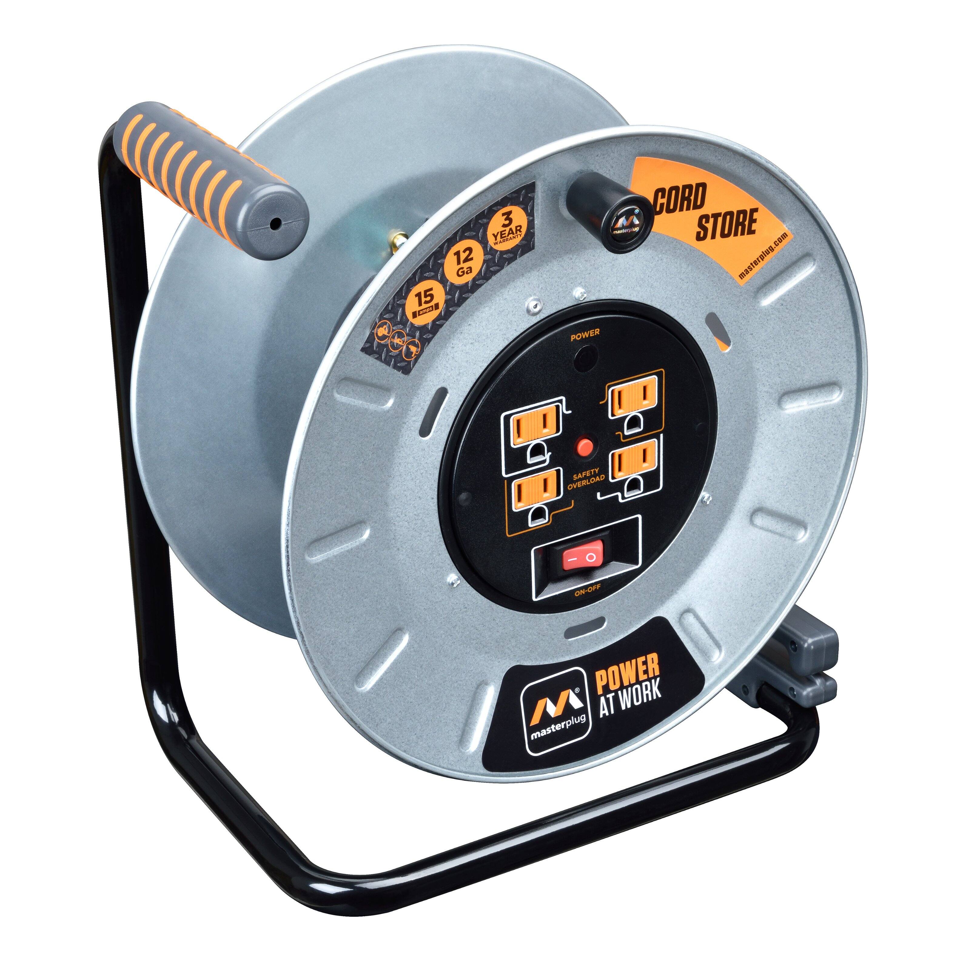 Alt View 1. Masterplug - 1Ft 4 Sockets 15A 12AWG Large Open Metal Reel - Metal & Orange.