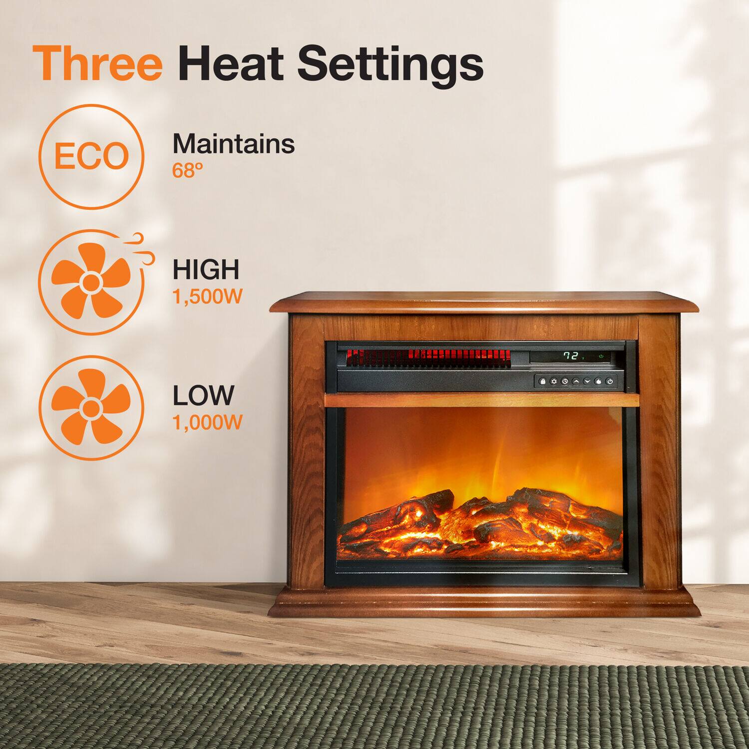 Three Heat Settings: ECO, Maintains, High, 1,500W, Low, 1,000W.