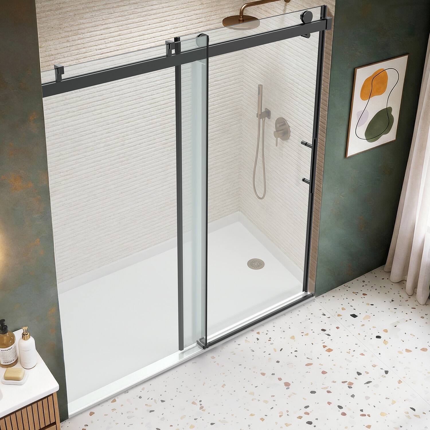Left. Koligey - 56-60"W x 76"H Soft-Close Semi-Frameless Sliding Shower Door with Buffer Damping System,10mmTempered Glass - black.