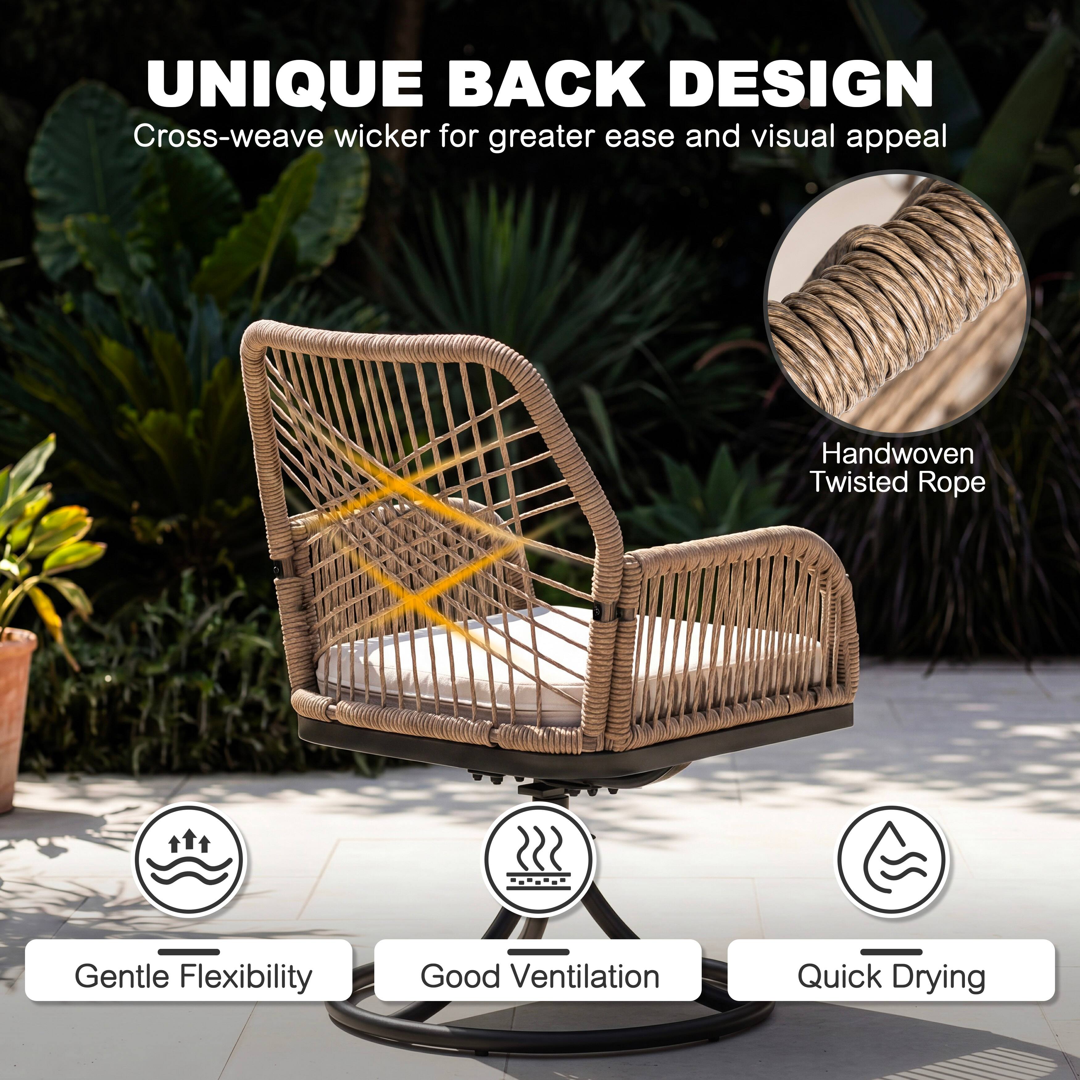 UNIQUE BACK DESIGN  
Cross-weave wicker for greater ease and visual appeal  
Handwoven Twisted Rope  
Gentle Flexibility  
Good Ventilation  
Quick Drying