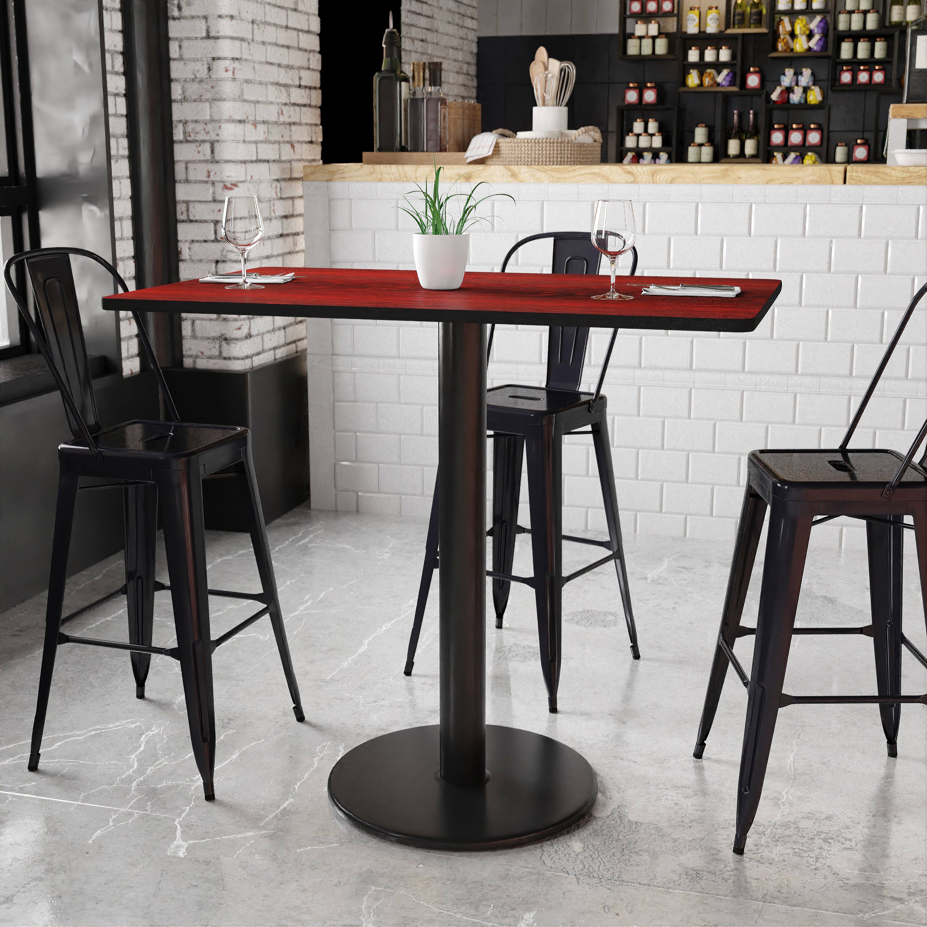 Angle. Flash Furniture - Stiles 30'' x 48'' Rectangular Mahogany Laminate Table Top with 24'' Round Bar Height Table Base - Brown.