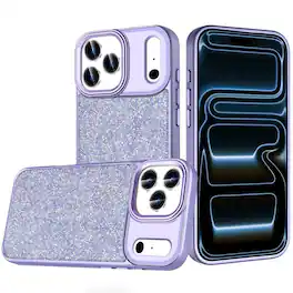 Kitcheniva - Full Crystal Bling Metallic Buttons Phone Case With Tempered Glass For iPhone 17 Pro - Dark Purple