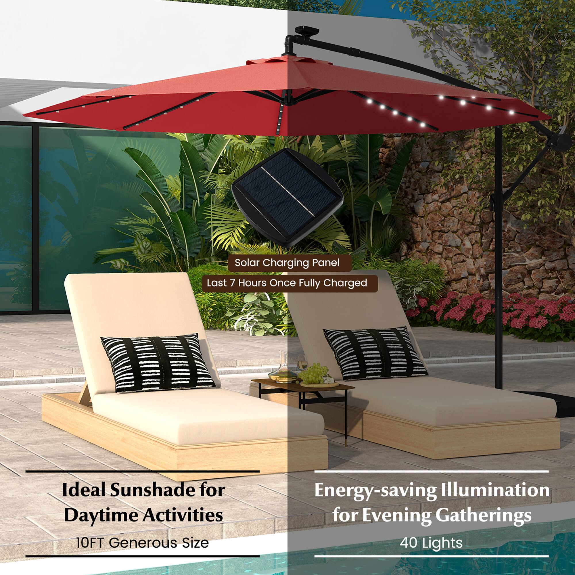 Solar Charging Panel: Last 7 Hours Once Fully Charged
Ideal Sunshade for Daytime Activities: 10FT Generous Size
Energy-saving Illumination for Evening Gatherings: 40 Lights