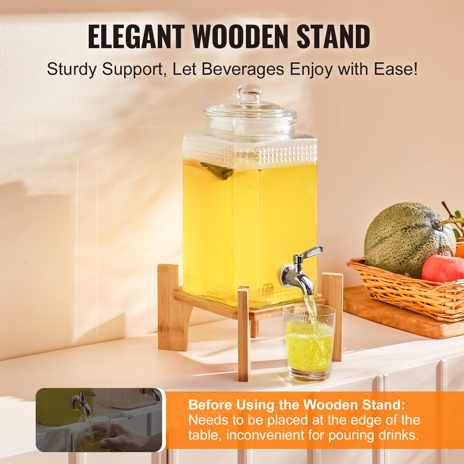 ELEGANT WOODEN STAND  
Sturdy Support, Let Beverages Enjoy with Ease!  

Using the Wooden Stand:  
to be placed at the edge of the table, convenient for pouring drinks.  

Before Using the Wooden Stand:  
Needs to be placed at the edge of the table, inconvenient for pouring drinks.