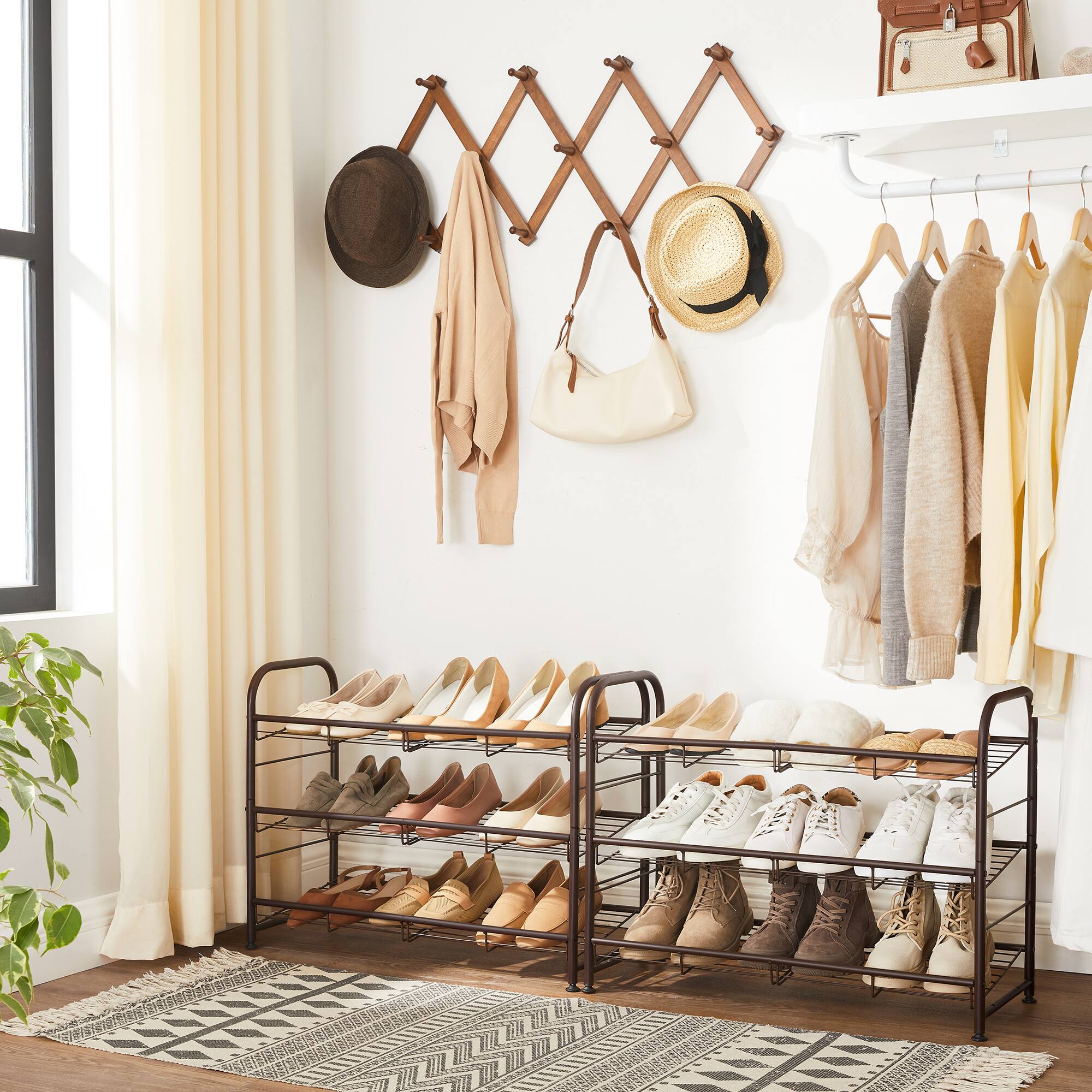 Left. Songmics Home - Shoe Rack, 3 Tier Shoe Organizer for Closet, Holds up to 12 Pairs of Shoes, Shoe Rack for Front Door Entrance - Bronze.