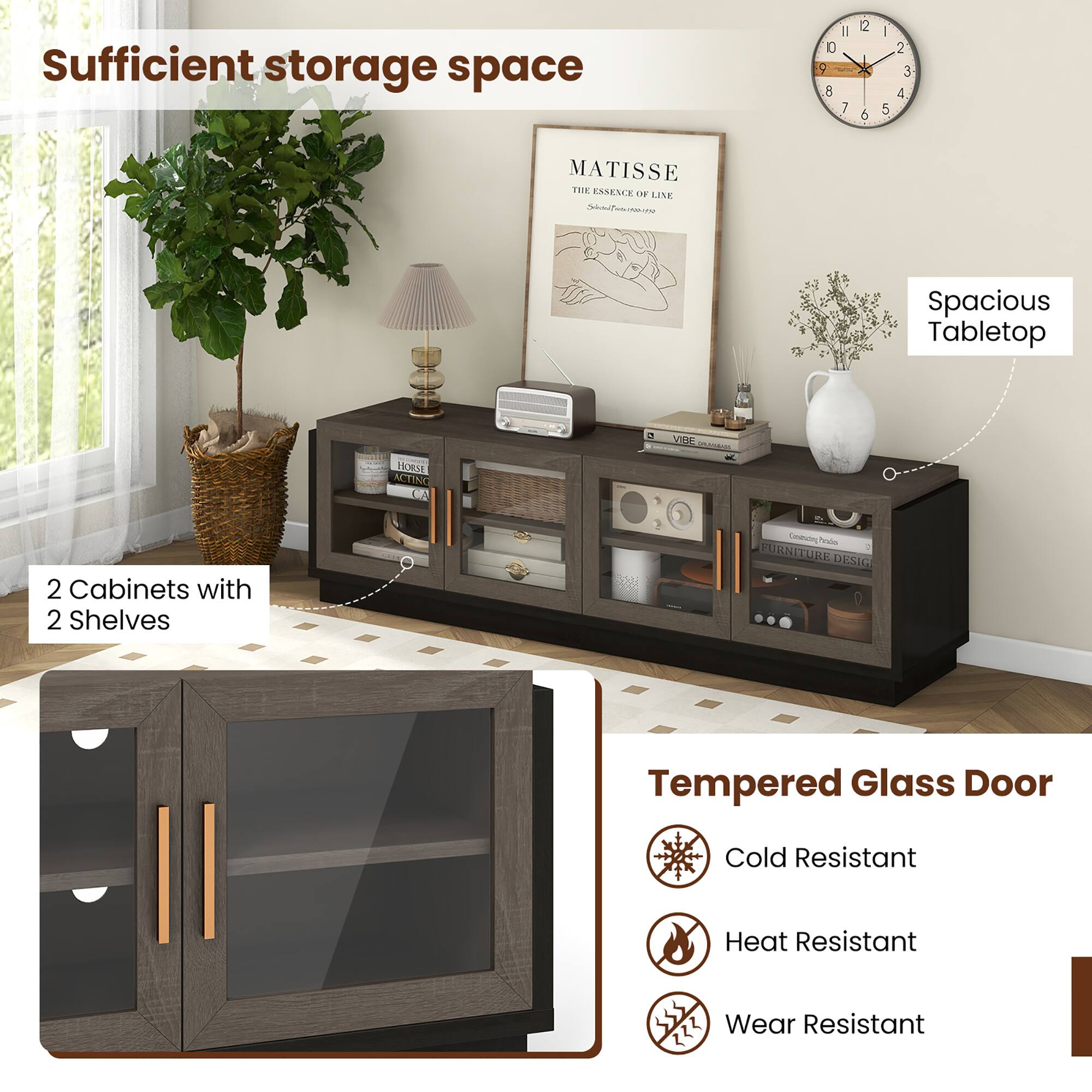 Sufficient storage space, Spacious Tabletop, 2 Cabinets with 2 Shelves, Tempered Glass Door, Cold Resistant, Heat Resistant, Wear Resistant