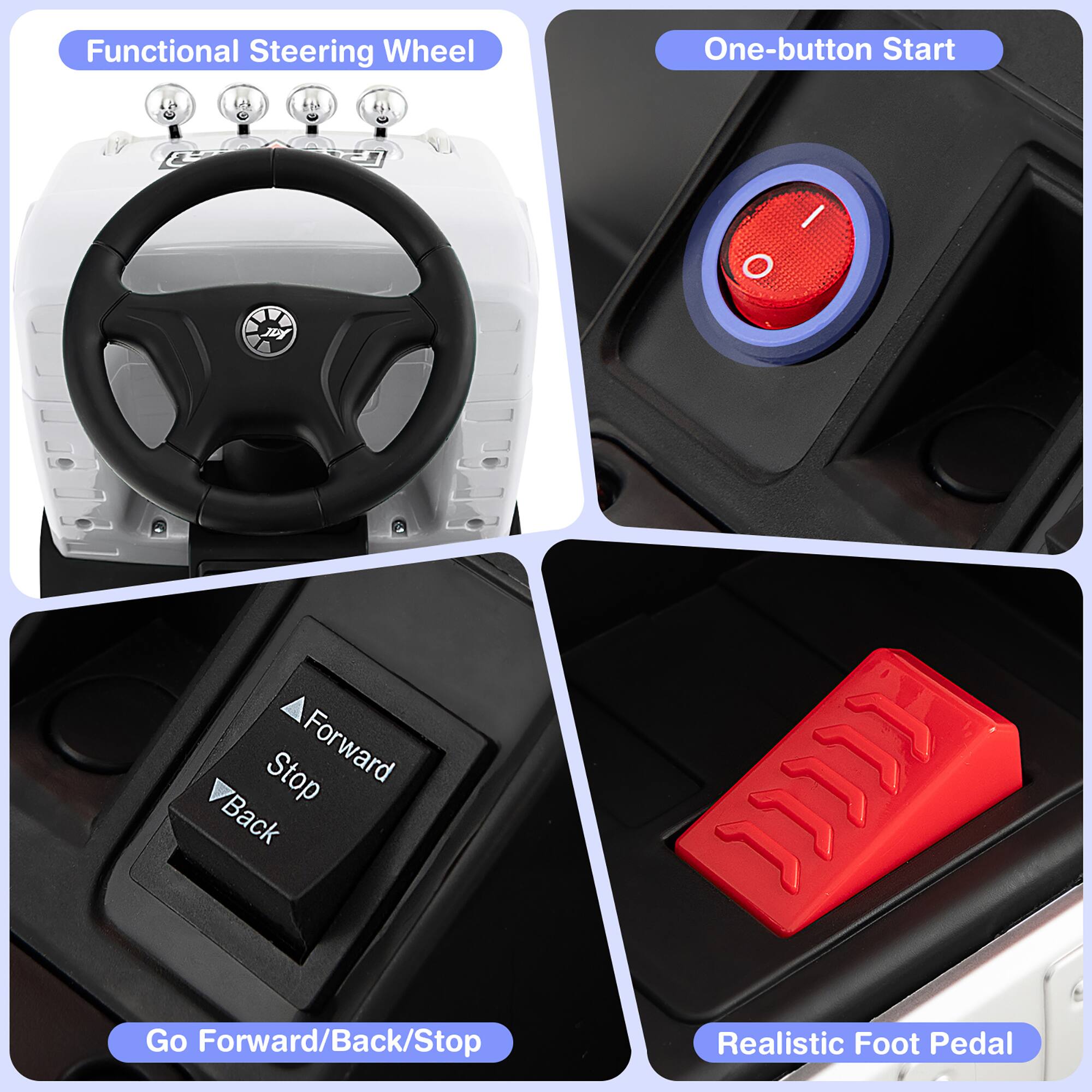 - Functional Steering Wheel
- One-button Start
- Go Forward/Back/Stop
- Realistic Foot Pedal