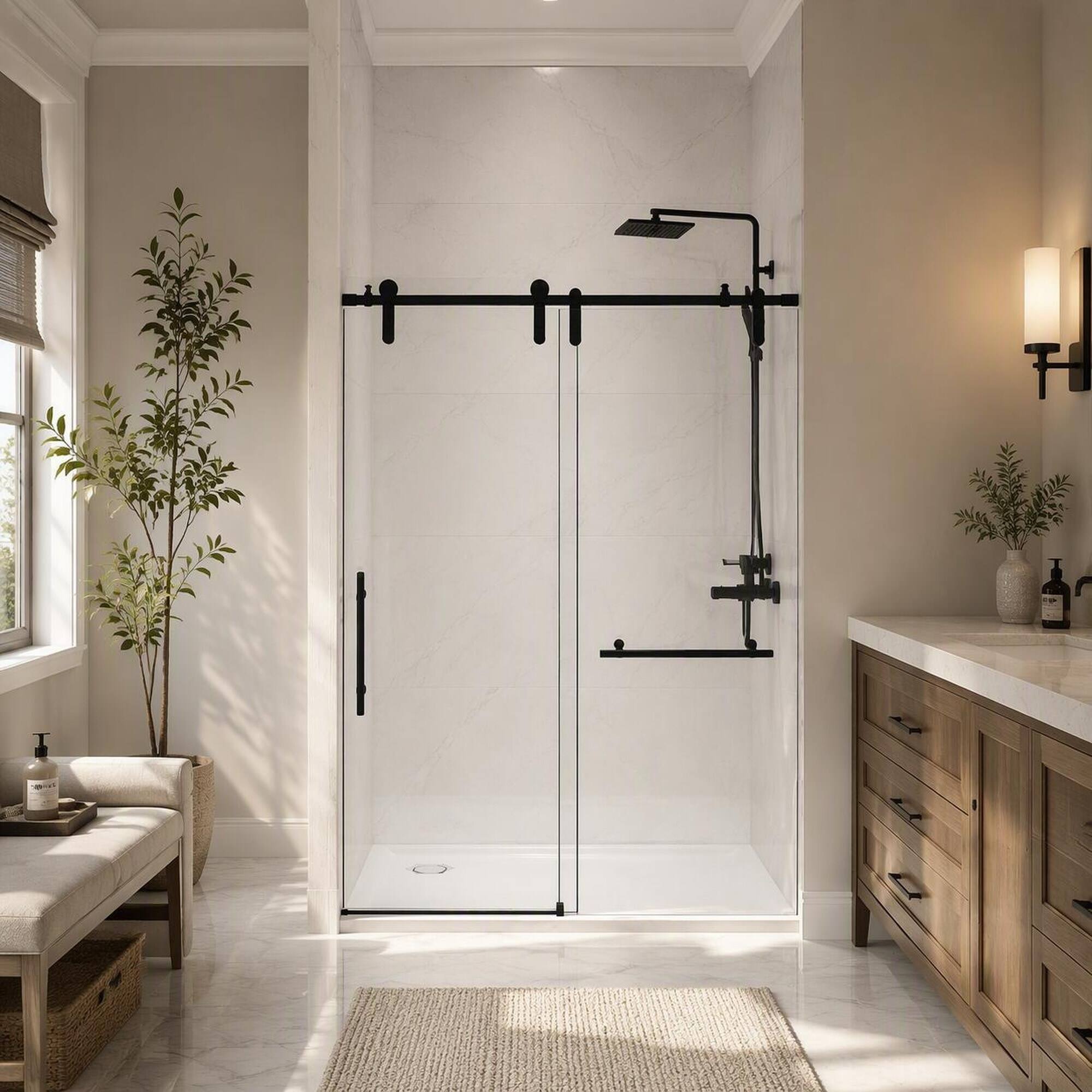 Left. RYHNUYNE - 56-60 In X 76 In H Frameless Sliding Shower Door, 5/16 In Clear Tempered Glass Matte Black Finish - Matte Black.