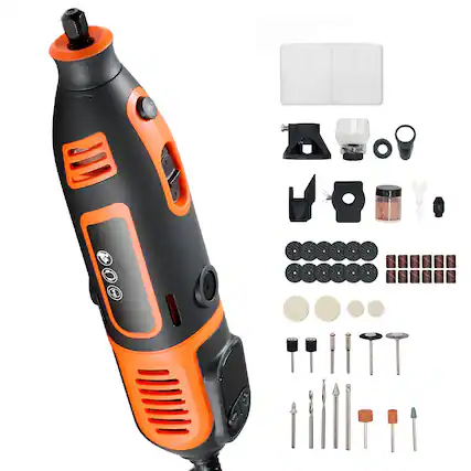 Front. VEVOR - 51-Piece Rotary Tool Kit, 200W Mini Power Rotary Tool Corded, 8000-40000RPM Multi-Purpose DIY Tools with Universal Chuck - Orange + Black.