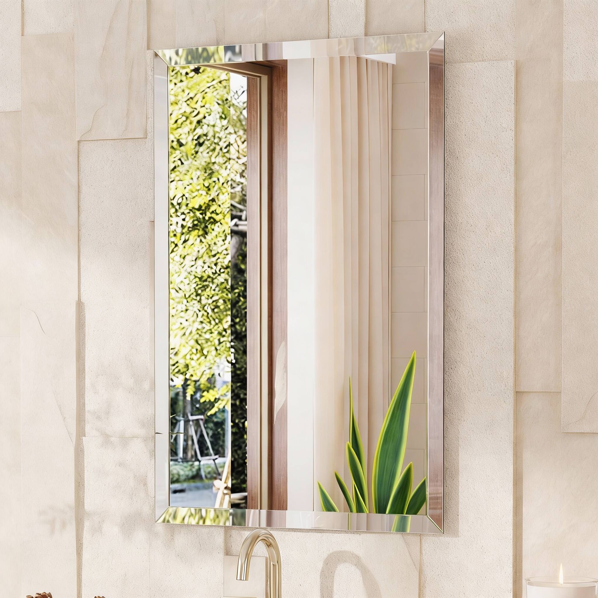 Front. METALTON - Frameless Bathroom Mirror Rectangle Wall With Beveled Edge Modern Decorative Vanity Mirrored For Living Roo - Rectangle 16"L x 24"W.