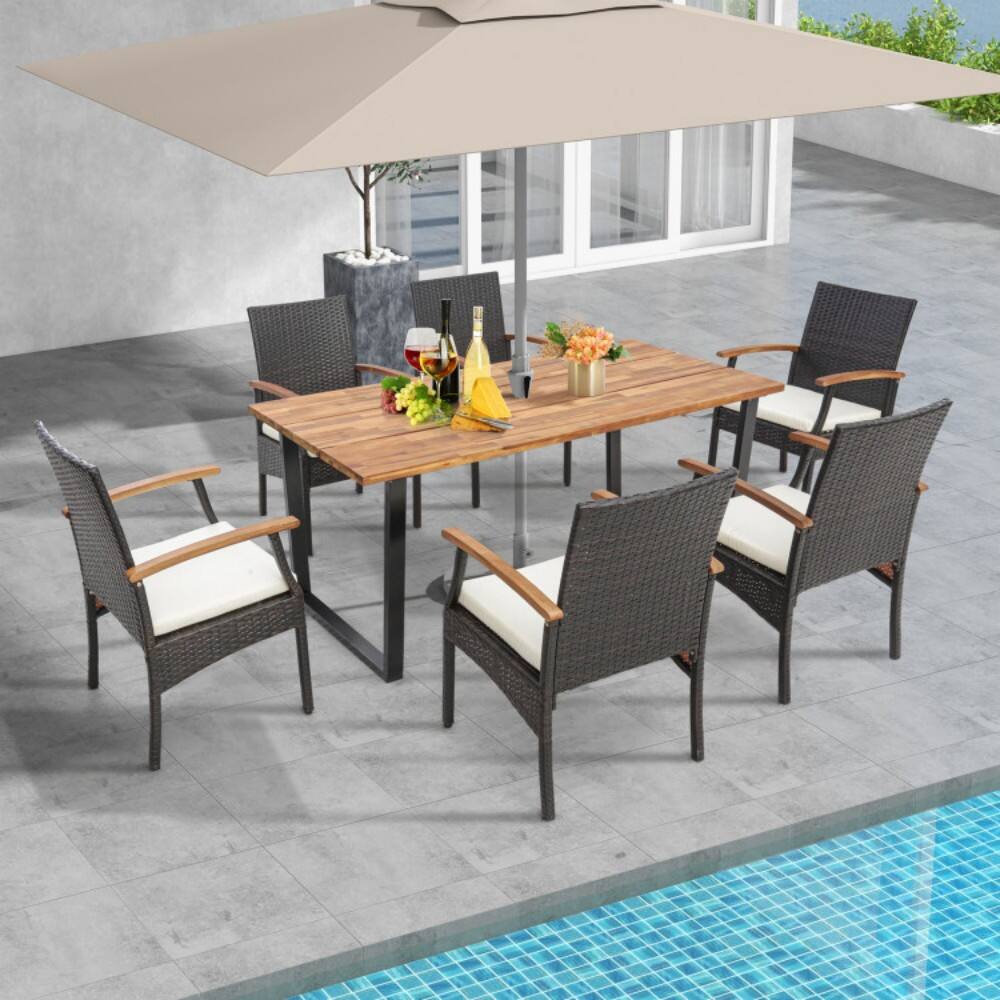 Angle. Mondawe - 7 Pieces Rattan Patio Dining Set with Umbrella Hole - Mix Brown.