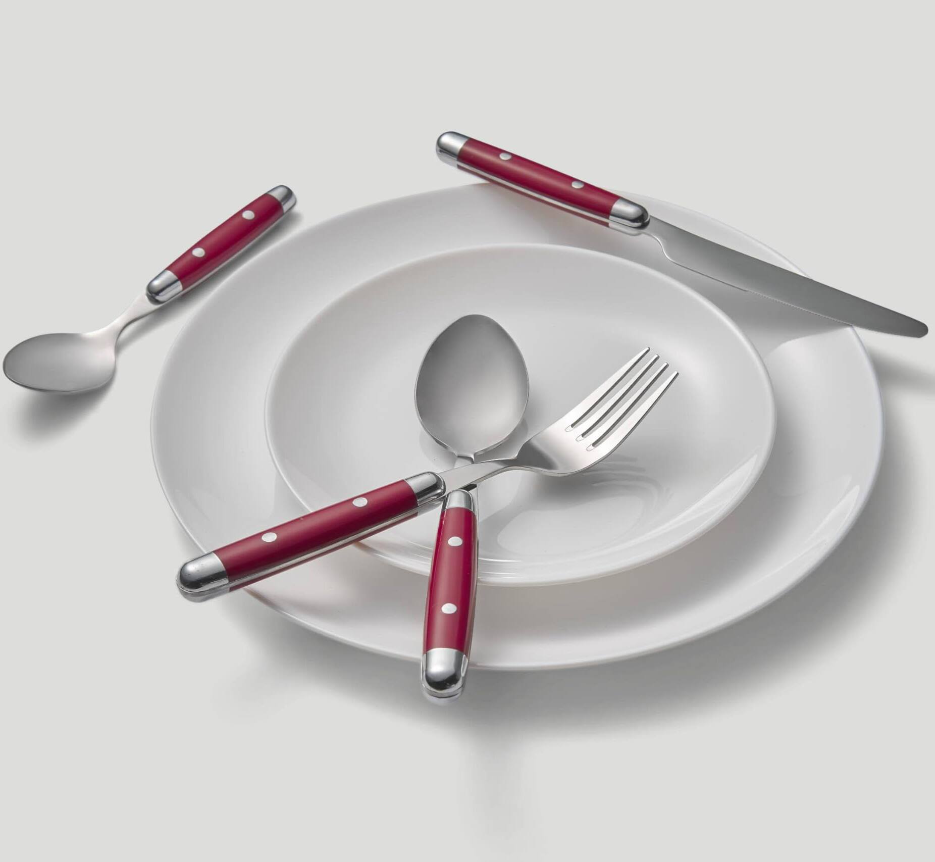 Back. Dazzed Corner - Silverware Set, 16-Piece Flatware Set, Service for 4, 18/0 Stainless Steel, Dishwasher Safe - Red.
