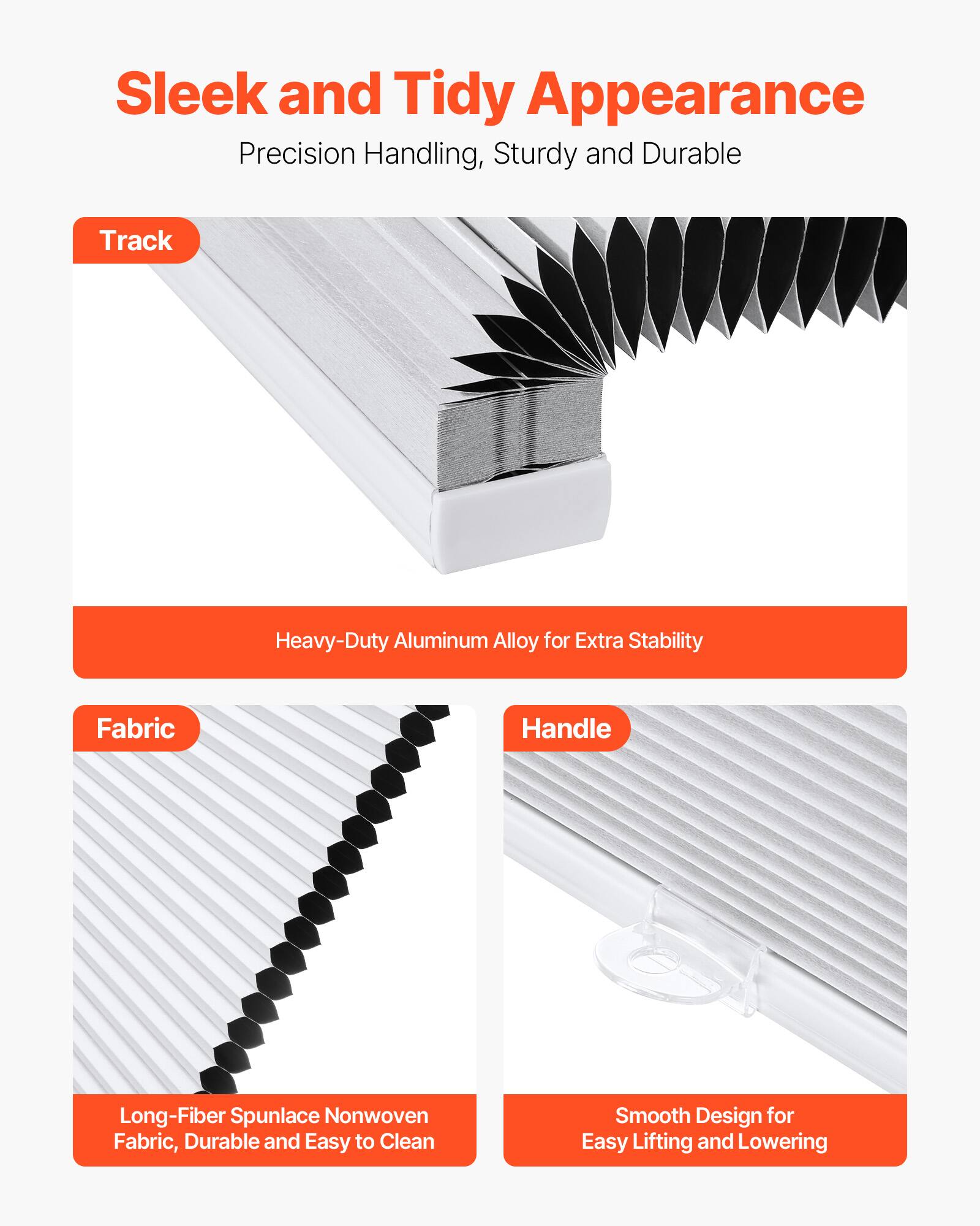 Sleek and Tidy Appearance  
Precision Handling, Sturdy and Durable  

Track  
Heavy-Duty Aluminum Alloy for Extra Stability  

Fabric  
Long-Fiber Spunlace Nonwoven Fabric, Durable and Easy to Clean  

Handle  
Smooth Design for Easy Lifting and Lowering