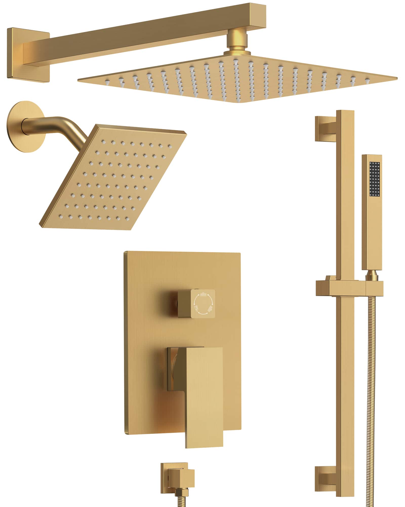 GRANDJOY - 10" Wall Mount Shower System with Handheld Spray, Slide Bar, and Pressure Balance Valve for Modern Bathroom - Brushed Gold
