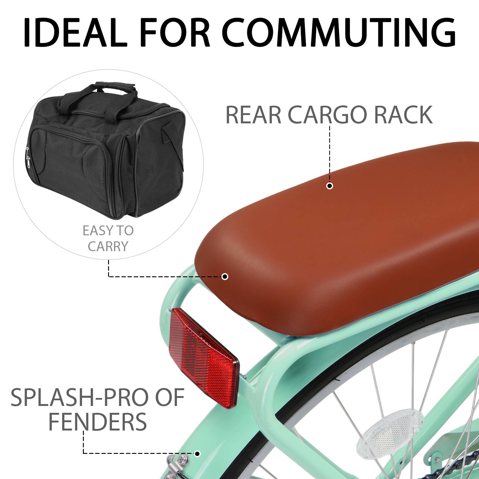 IDEAL FOR COMMUTING  
REAR CARGO RACK  
EASY TO CARRY  
SPLASH-PRO OF FENDERS