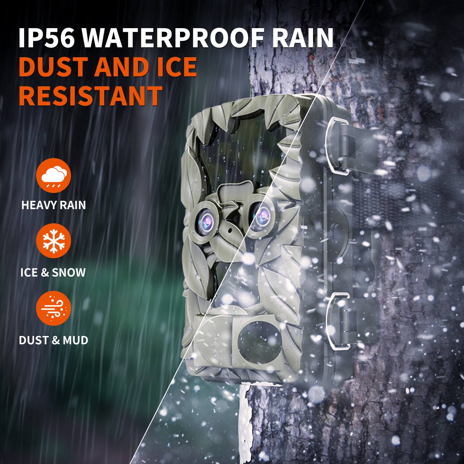 IP56 WATERPROOF RAIN DUST AND ICE RESISTANT

HEAVY RAIN  
ICE & SNOW  
DUST & MUD