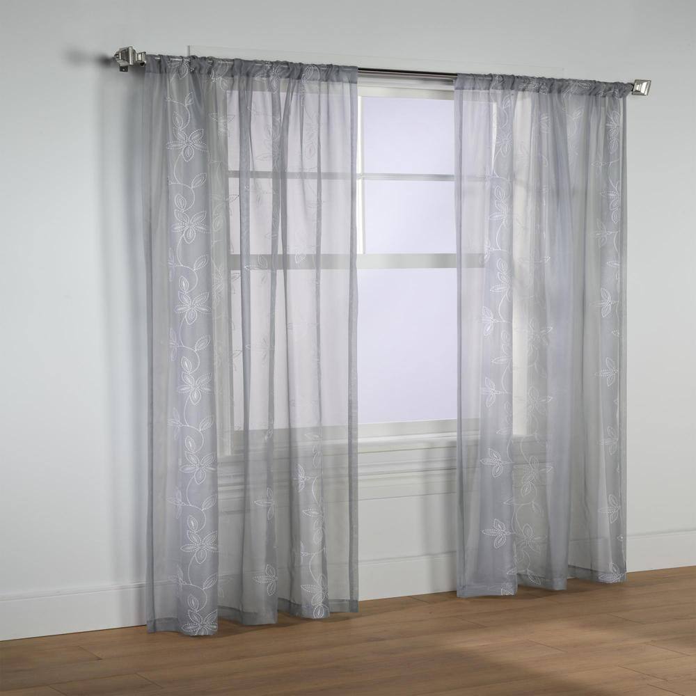 Angle. Commonwealth Home Fashions - Commonwealth Habitat Elizabeth Rod Pocket Pindot Floral Embroidered Voile Panel - 50x108" - Grey - Grey.