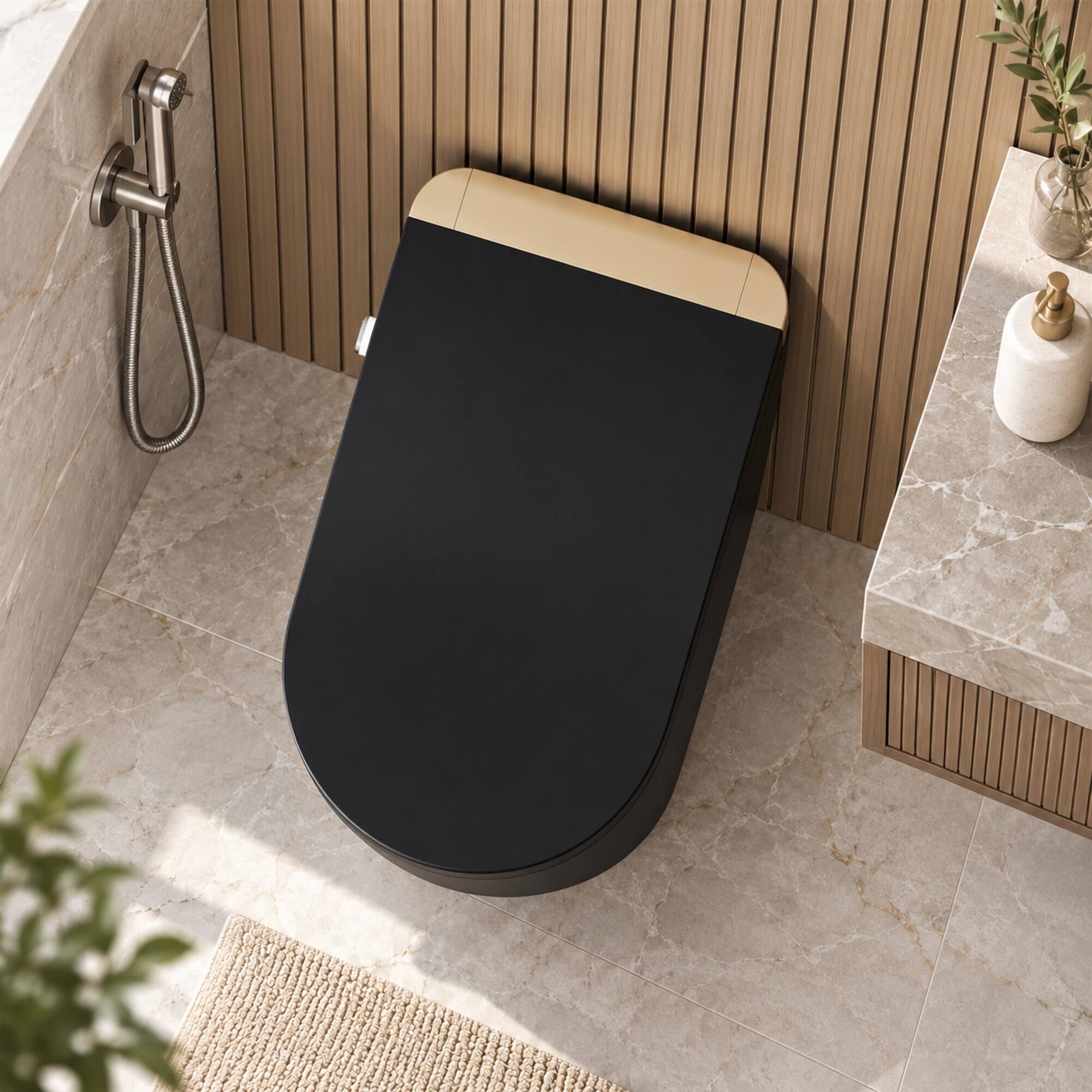 Angle. RYHNUYNE - One Piece Tankless Smart Toilet With Bidet, Auto Flush Auto Open and Close Heated Seat Warm Water and Dry Foam Shield - Black.