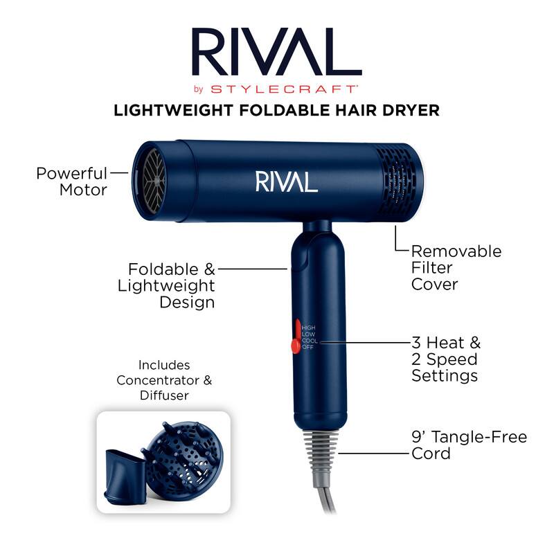RIVAL by STYLECRAFT LIGHTWEIGHT FOLDABLE HAIR DRYER

- Powerful Motor
- Foldable & Lightweight Design
- Removable Filter Cover
- Includes Concentrator & Diffuser
- 3 Heat & 2 Speed Settings
- 9' Tangle-Free Cord