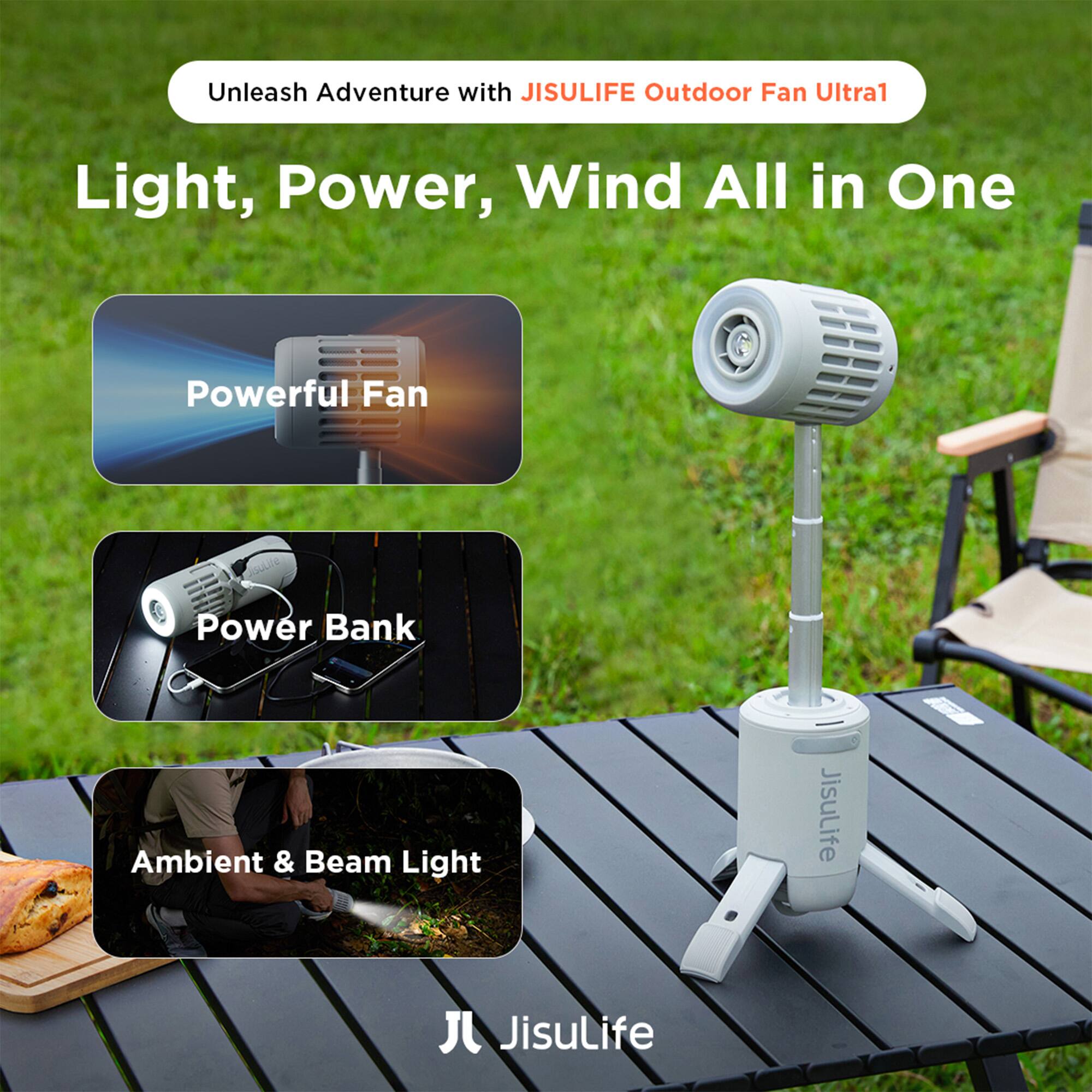 Unleash Adventure with JISULIFE Outdoor Fan Ultra1: Light, Power, Wind All in One. 

- Powerful Fan
- Power Bank
- Ambient & Beam Light

Jisulife