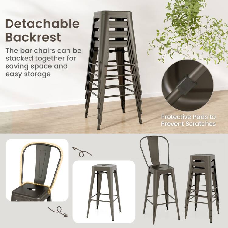 Detachable Backrest  
The bar chairs can be stacked together for saving space and easy storage  
Protective Pads to Prevent Scratches