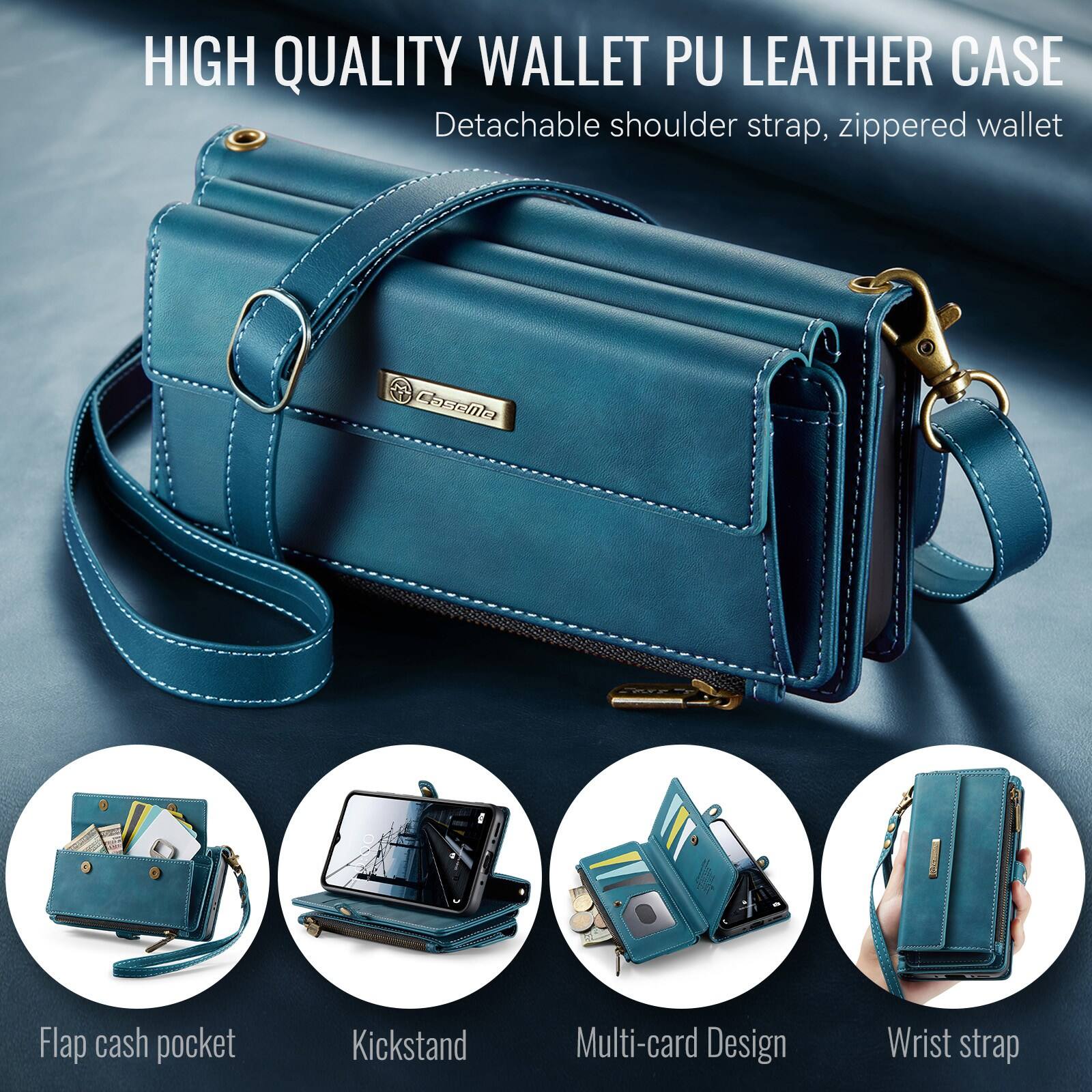 HIGH QUALITY WALLET PU LEATHER CASE  
Detachable shoulder strap, zippered wallet  

Flap cash pocket  
Kickstand  
Multi-card Design  
Wrist strap