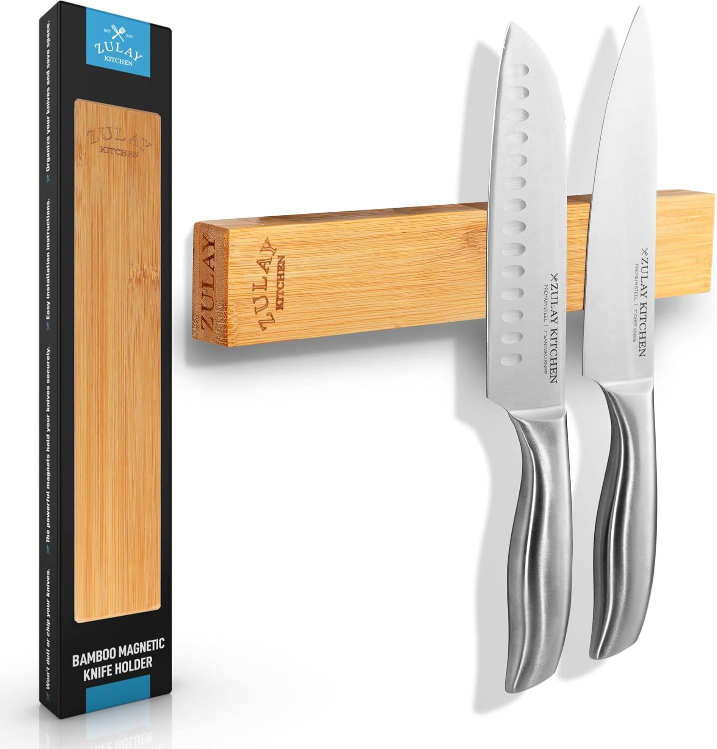 The text in the image is: "ZULAY KITCHEN BAMBOO MAGNETIC KNIFE HOLDER."