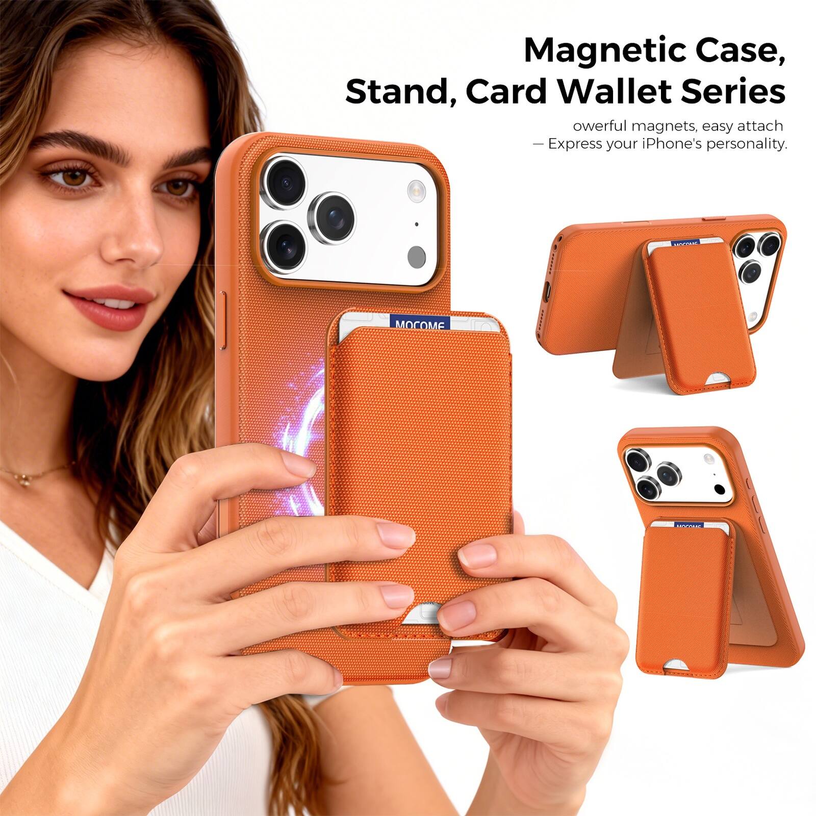 Magnetic Case, Stand, Card Wallet Series  
owerful magnets, easy attach  
Express your iPhone's personality.  
HNR MOCOME