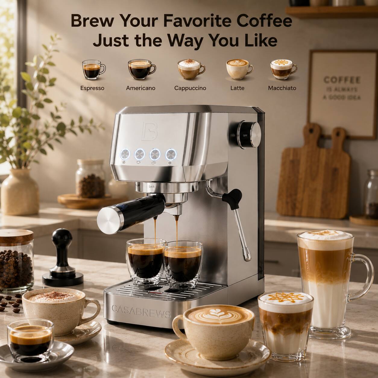 Brew Your Favorite Coffee Just the Way You Like

Espresso
Americano
Cappuccino
Latte
Macchiato

COFFEE IS ALWAYS A GOOD IDEA

CASABREWS
